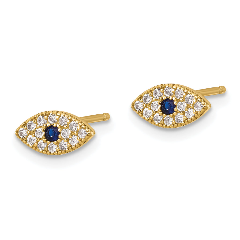 Sterling Silver Gold-tone CZ & Synthetic Blue Spinel Evil Eye Post Earrings