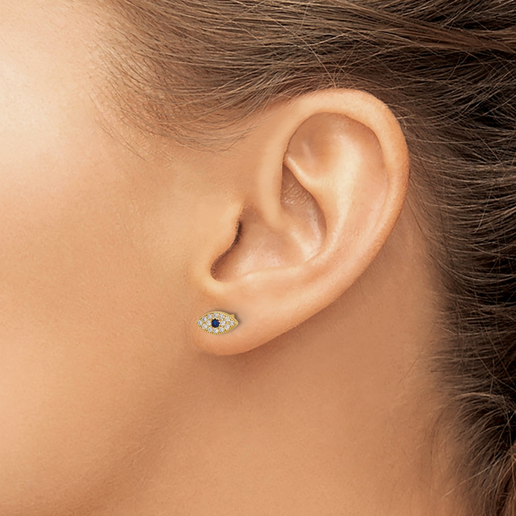 Sterling Silver Gold-tone CZ & Synthetic Blue Spinel Evil Eye Post Earrings