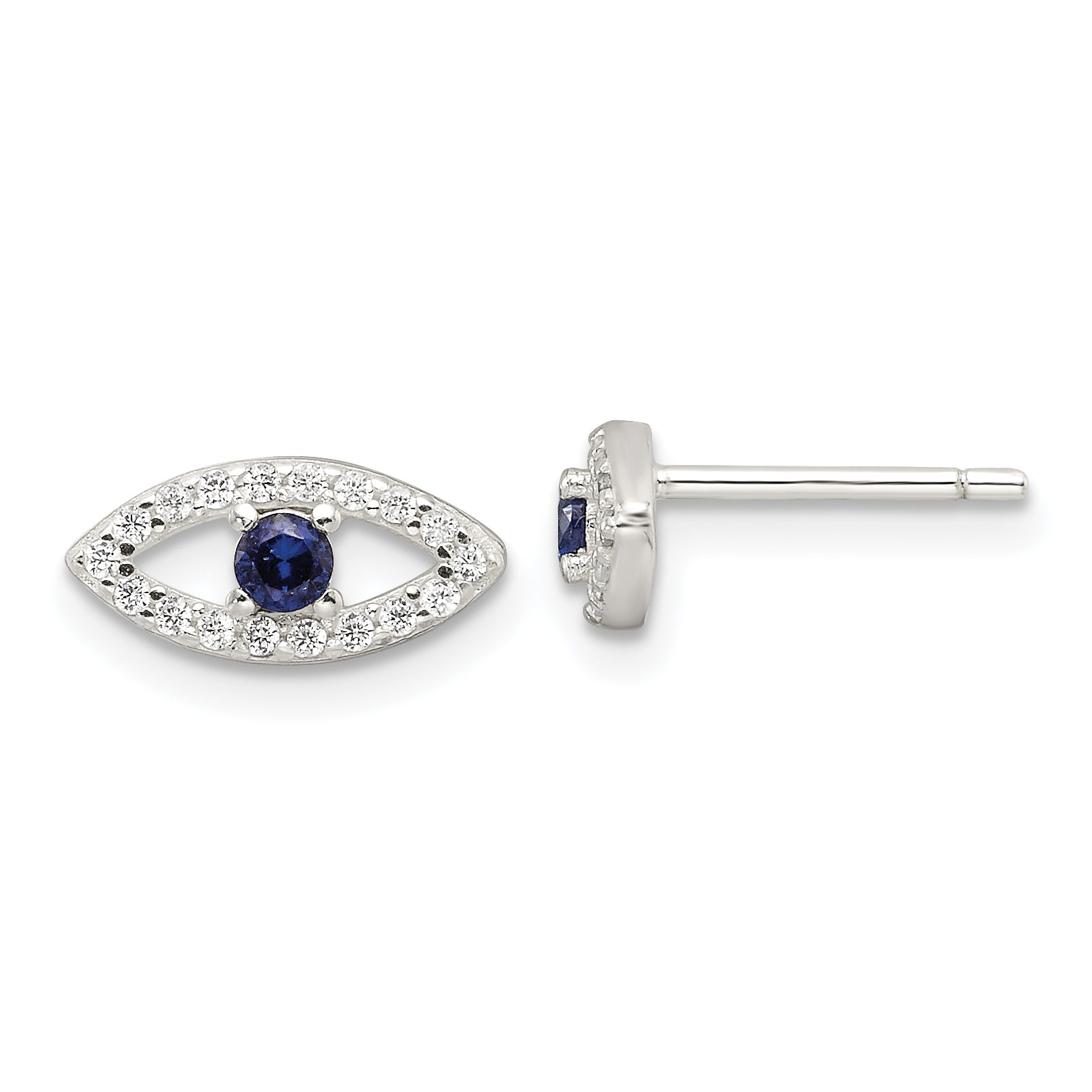 Sterling Silver E-Coating Polished Blue & White CZ Evil Eye Post Earrings Main image