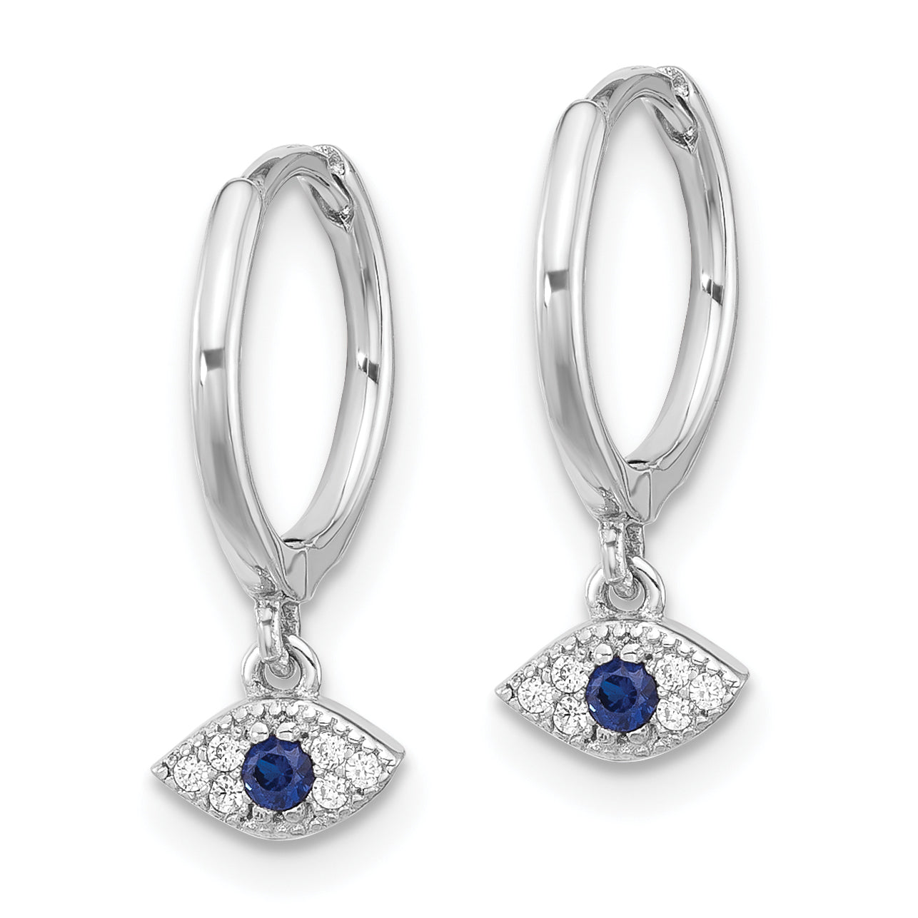 Sterling Silver RH-plated Blue & White CZ Evil Eye Dangle Hoop Earrings Secondary image