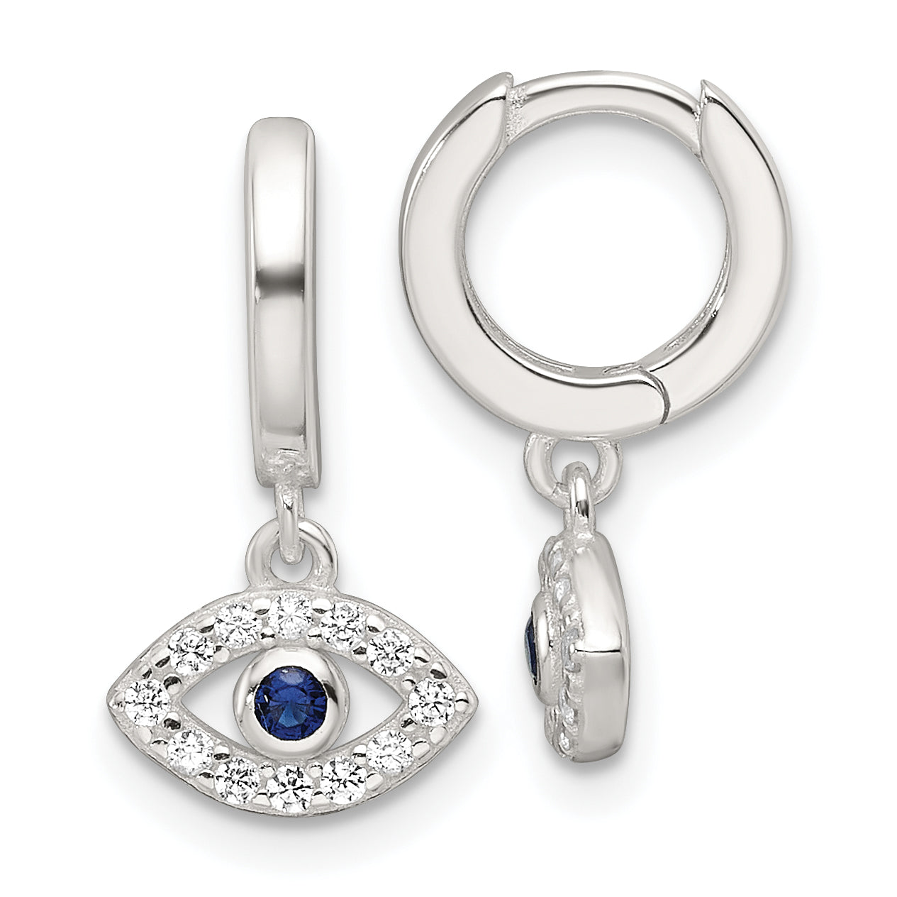 Sterling Silver E-Coating Blue & White CZ Evil Eye Dangle Hoop Earrings Main image
