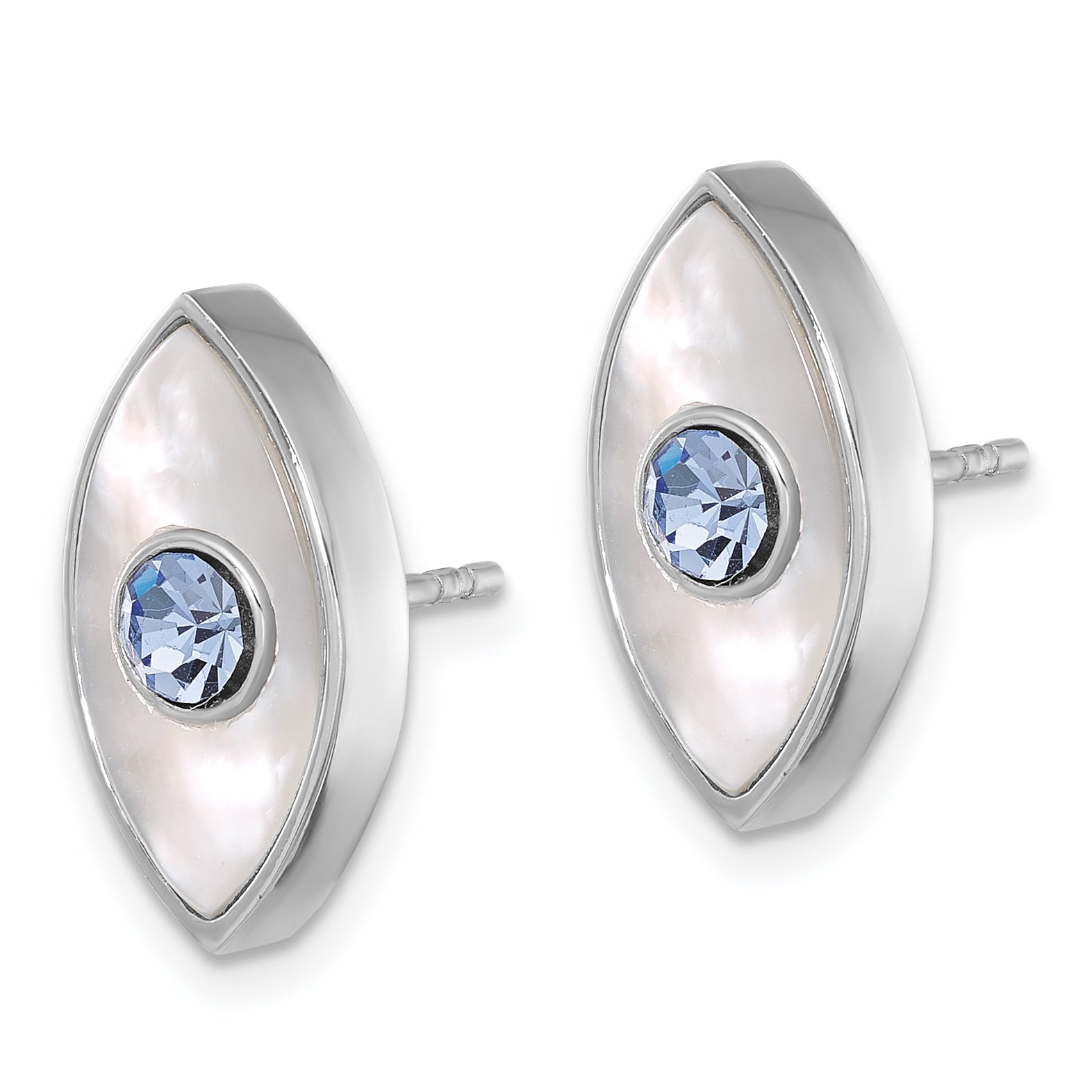 Sterling Silver RH-plated Polished MOP & Blue Crystal Evil Eye Post Earring Secondary image