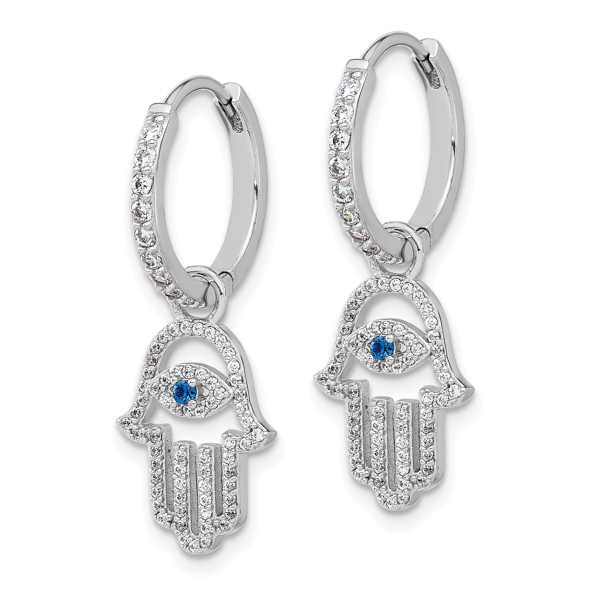 Sterling Silver RH-pltd Blue/White CZ Evil Eye Hamsa Dangle Hoop Earrings Secondary image