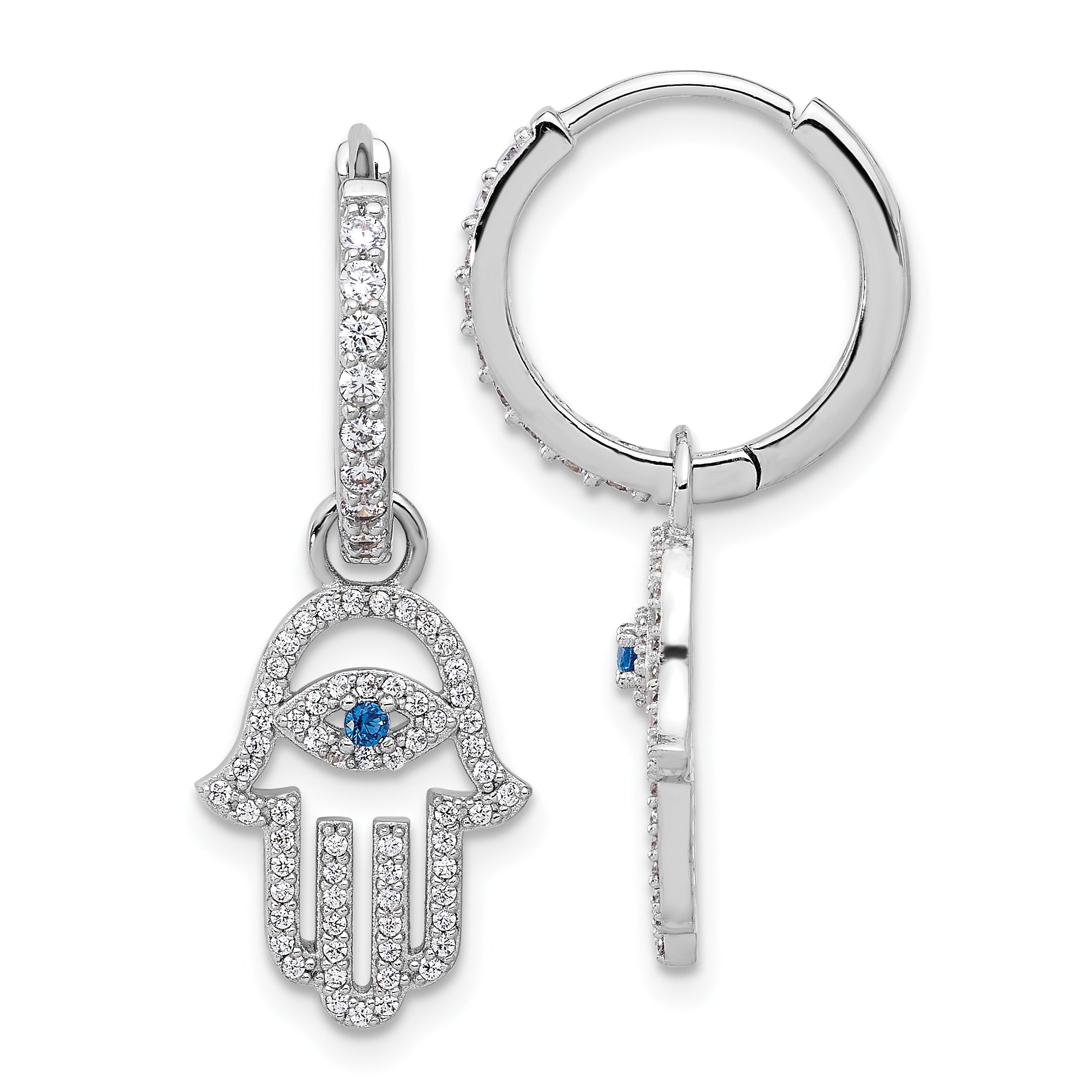 Sterling Silver RH-pltd Blue/White CZ Evil Eye Hamsa Dangle Hoop Earrings Main image