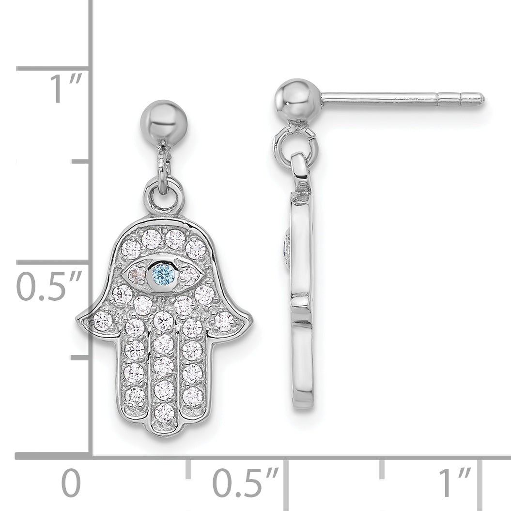 Sterling Silver RH-pltd Blue/White CZ Evil Eye Hamsa Post Dangle Earrings