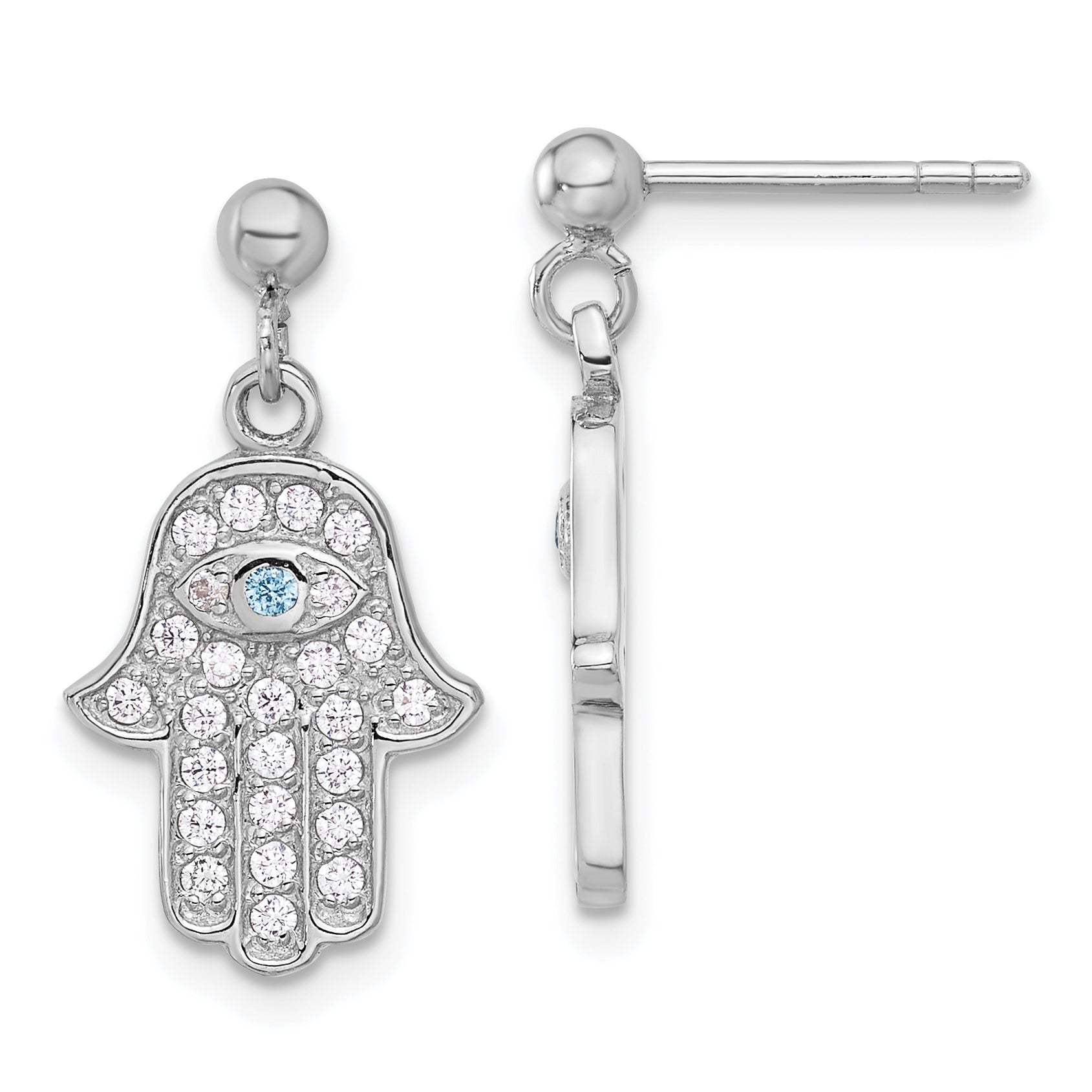 Sterling Silver RH-pltd Blue/White CZ Evil Eye Hamsa Post Dangle Earrings Main image