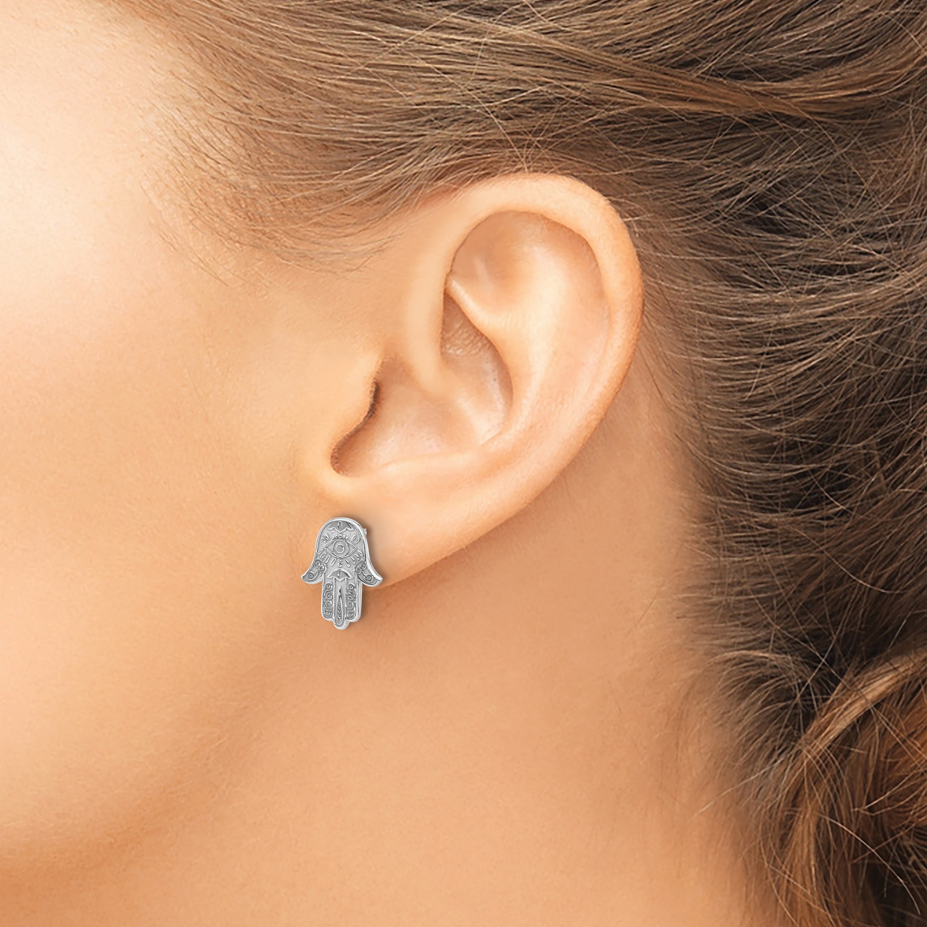 Sterling Silver Polished Designed Hamsa Post Earrings