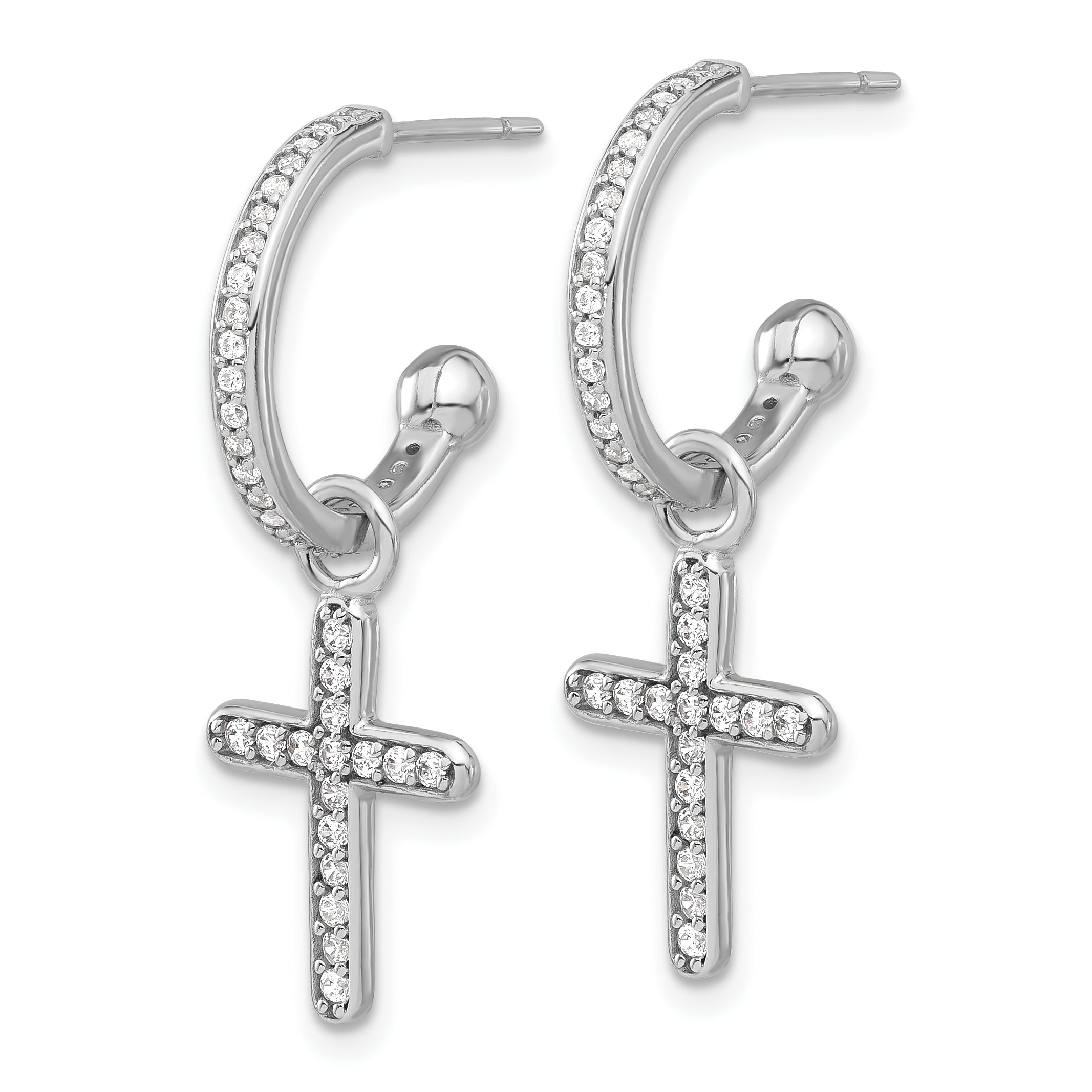 Sterling Silver Polished CZ Dangle Cross Post C-Hoop Earrings Secondary image