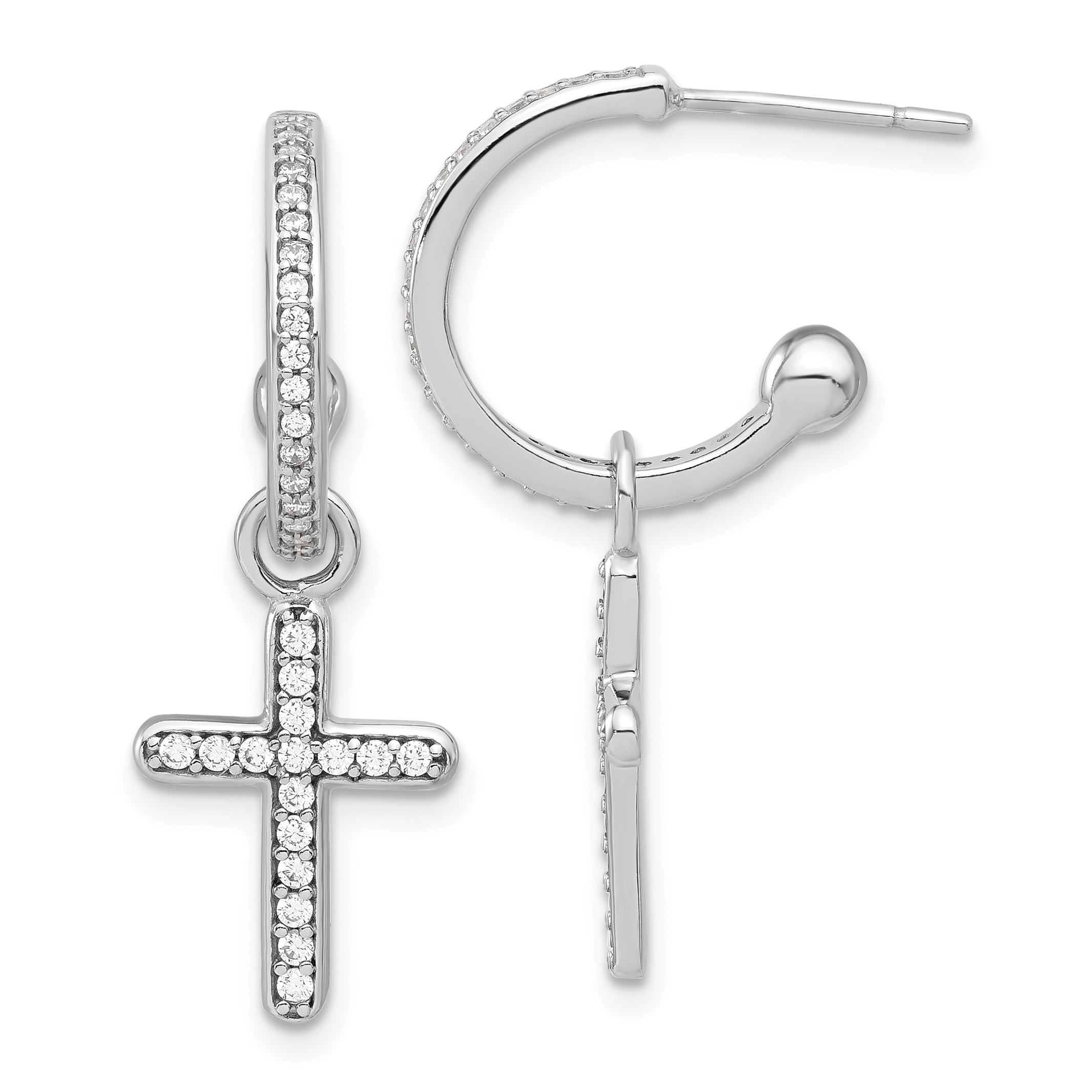Sterling Silver Polished CZ Dangle Cross Post C-Hoop Earrings Main image