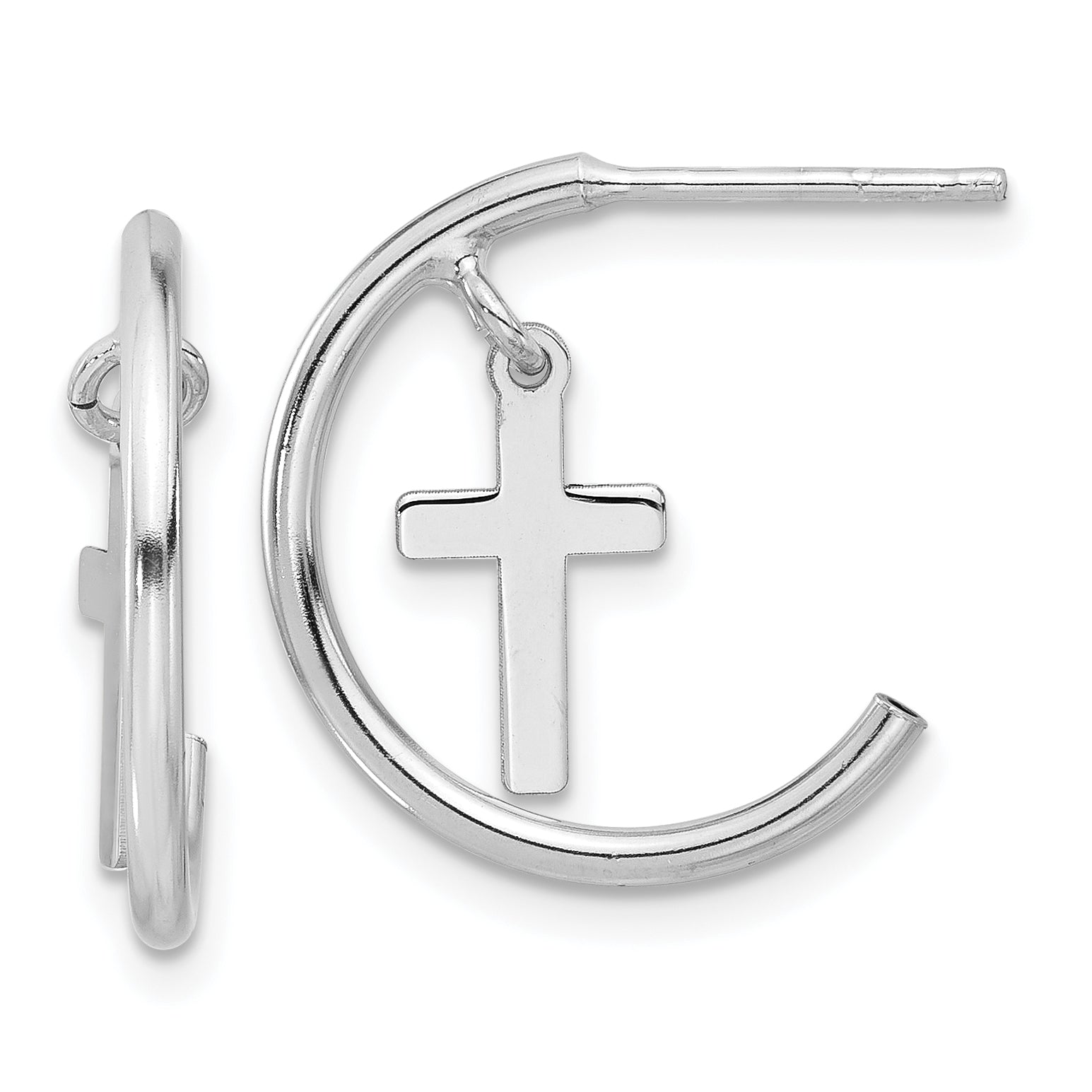 Sterling Silver Rhodium-plated Polished Cross Dangle Post C-Hoop Earrings Main image