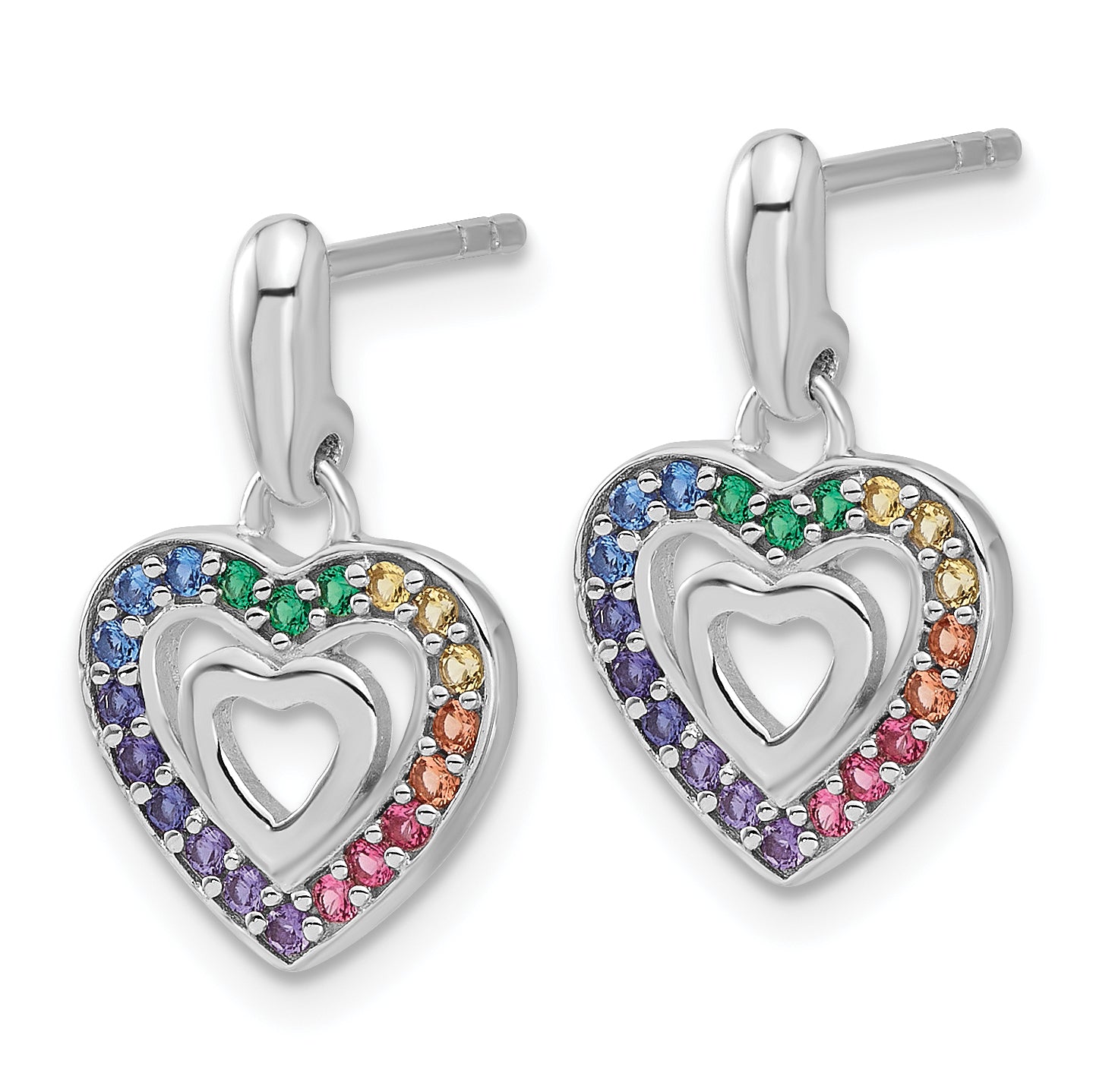 Sterling Silver Rhodium-plated Polished Multi-color Crystal Double Heart Children's Post Dangle Earrings Secondary image
