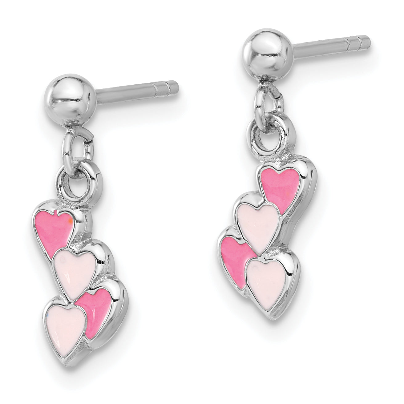Sterling Silver Rhodium-plated Pink Enameled Hearts Children's Post Dangle Earrings Secondary image