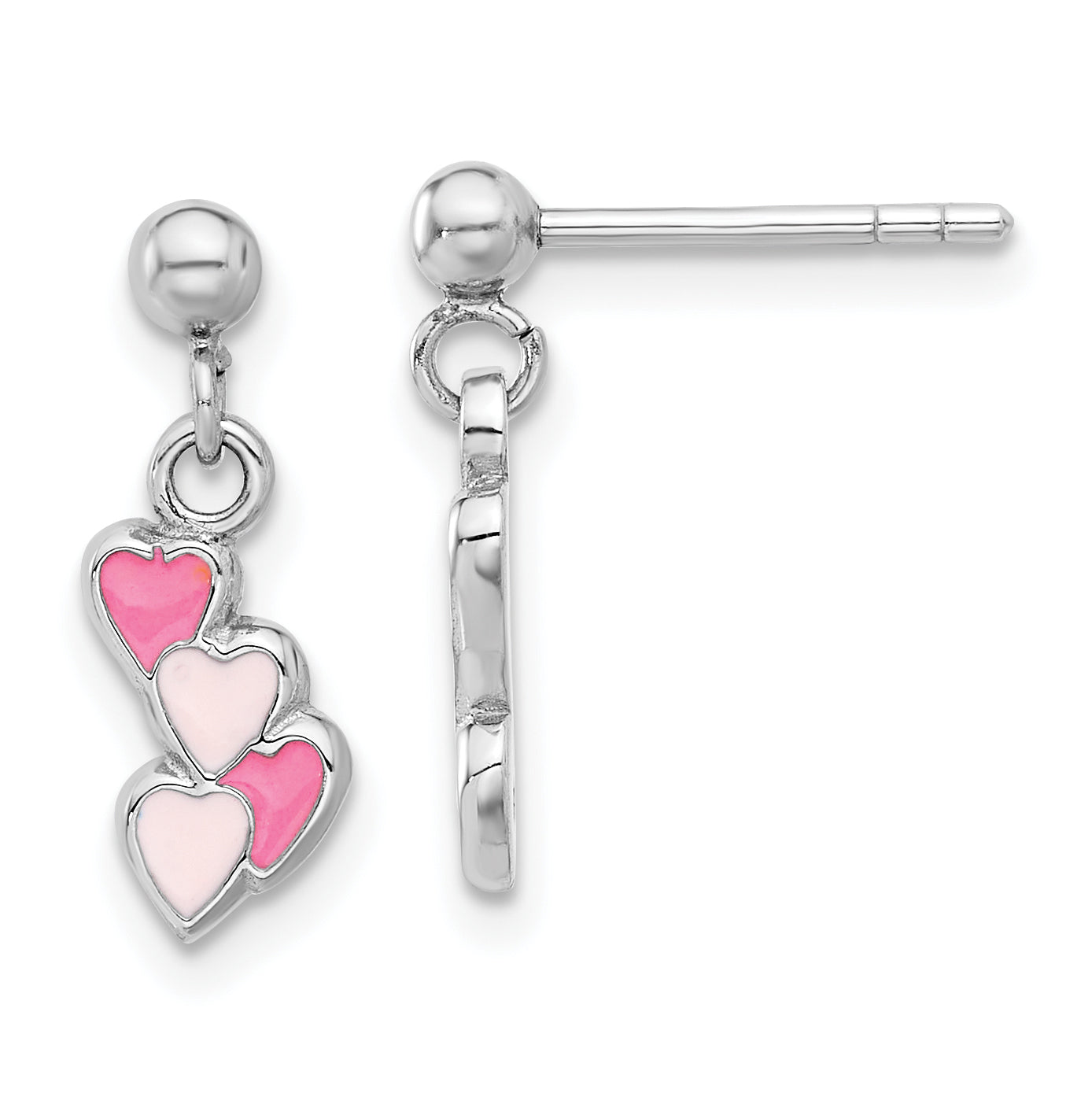 Sterling Silver Rhodium-plated Pink Enameled Hearts Children's Post Dangle Earrings Main image