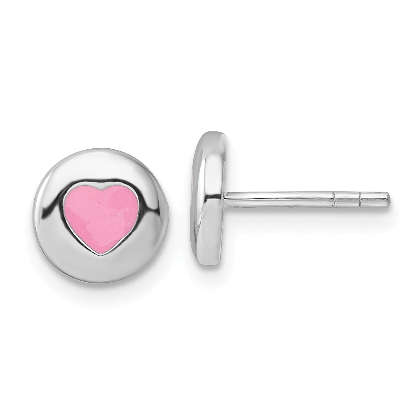 Sterling Silver Rhodium-plated Pink Enameled Heart Circle Children's Post Earrings Main image