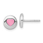 Sterling Silver Rhodium-plated Pink Enameled Heart Circle Children's Post Earrings