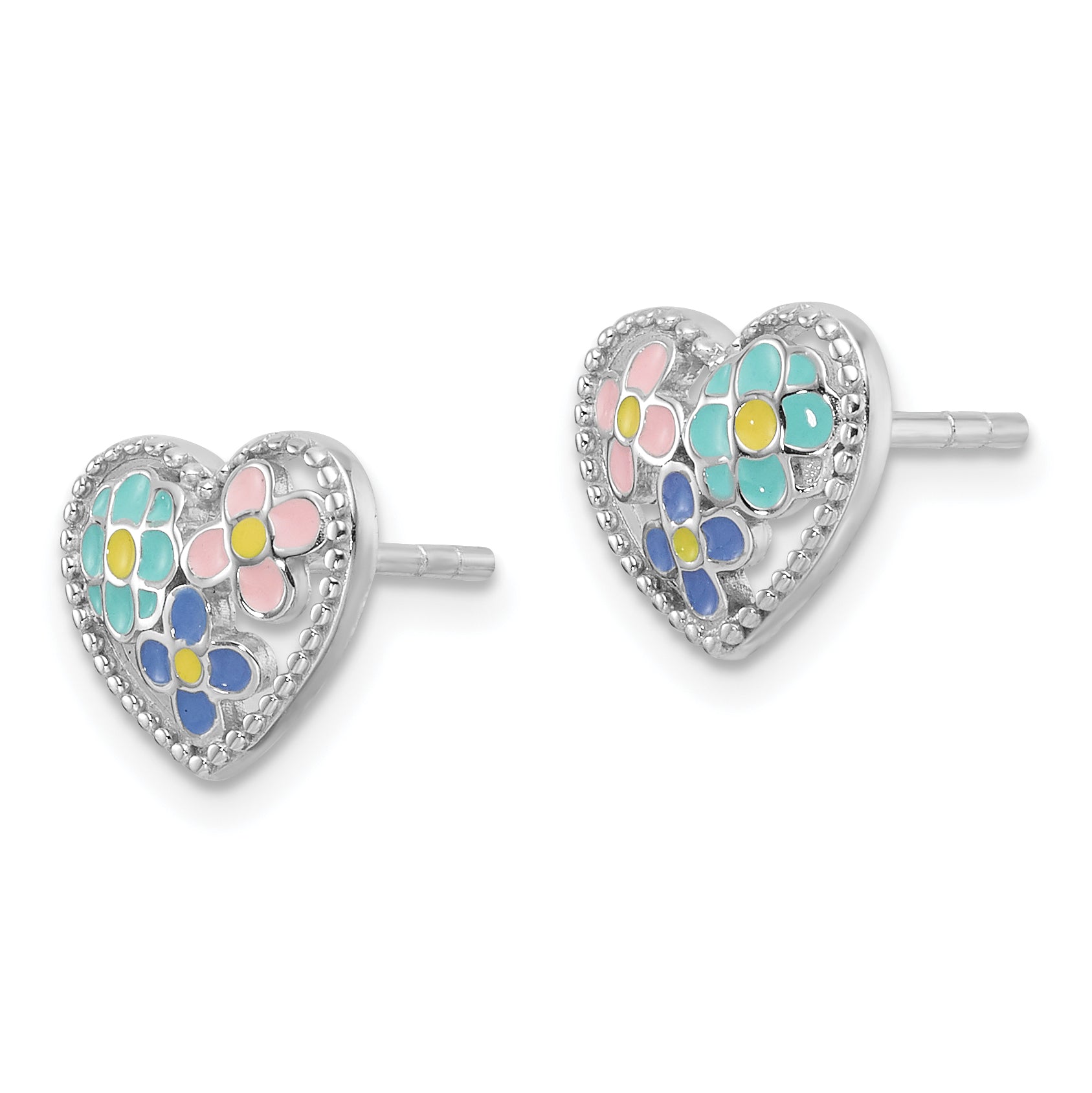 Sterling Silver Rhodium-plated Polished & Beaded Multi-color Enameled Floral Heart Children's Post Earrings Secondary image