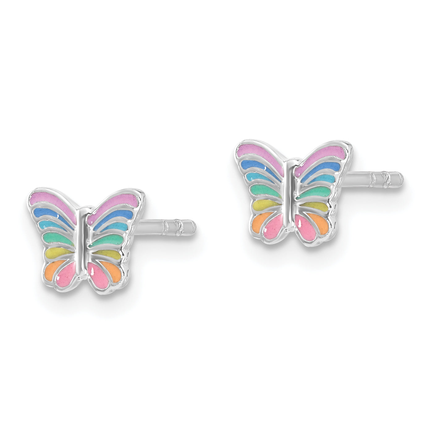 Sterling Silver RH-plated Rainbow Enamel Butterfly Children's Post Earrings Secondary image