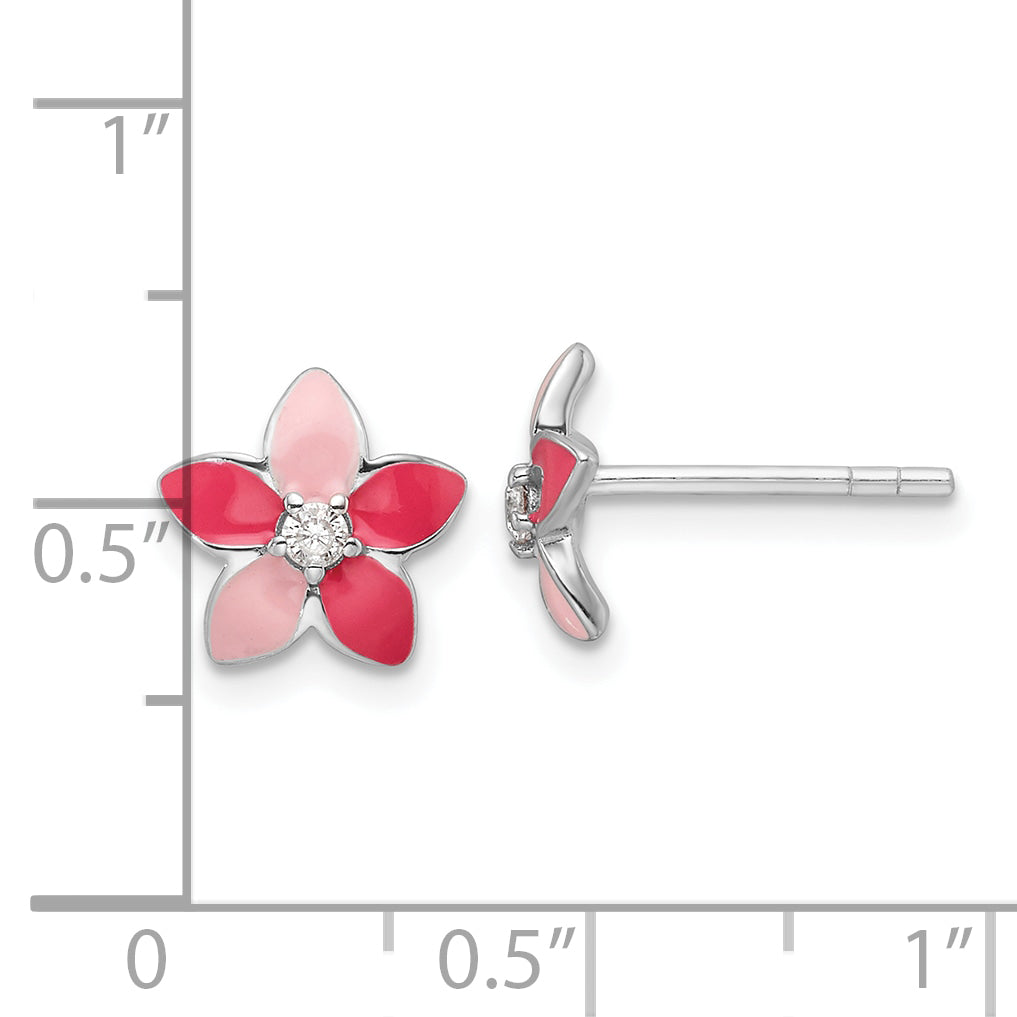 Sterling Silver RH-plated Pink Enamel & CZ Flower Children's Post Earrings