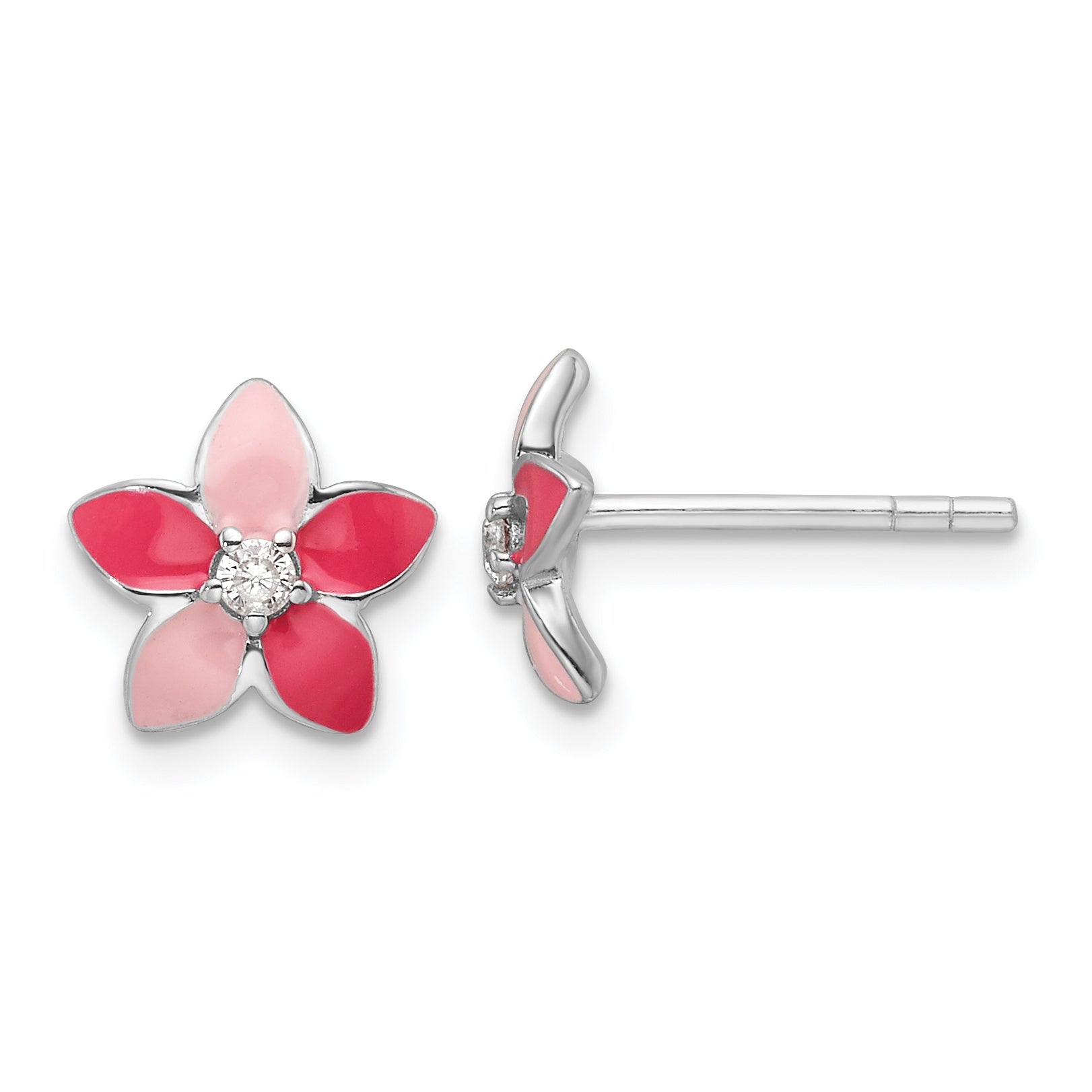 Sterling Silver RH-plated Pink Enamel & CZ Flower Children's Post Earrings Main image