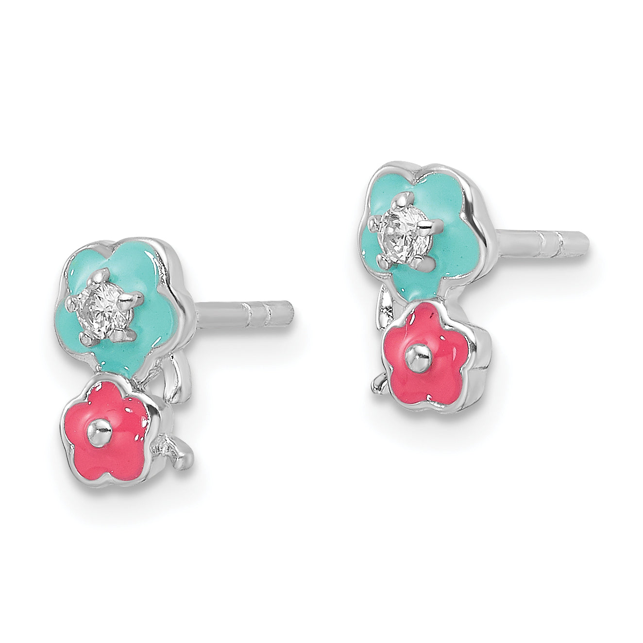 Sterling Silver RH-plated CZ & Enamel Flowers Children's Post Earrings Secondary image