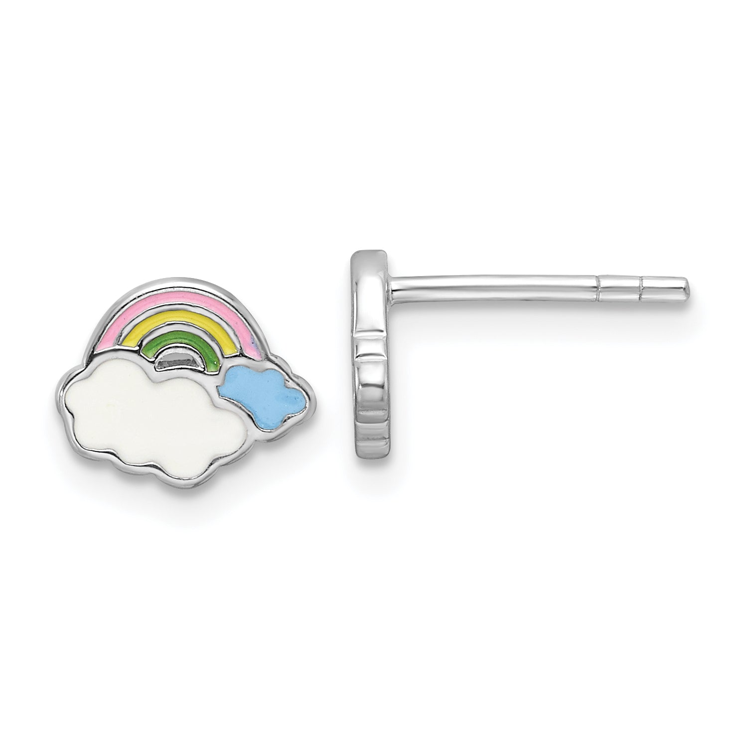 Sterling Silver Rhodium-plated Multicolor Enameled Rainbow & Clouds Children's Post Earrings Main image