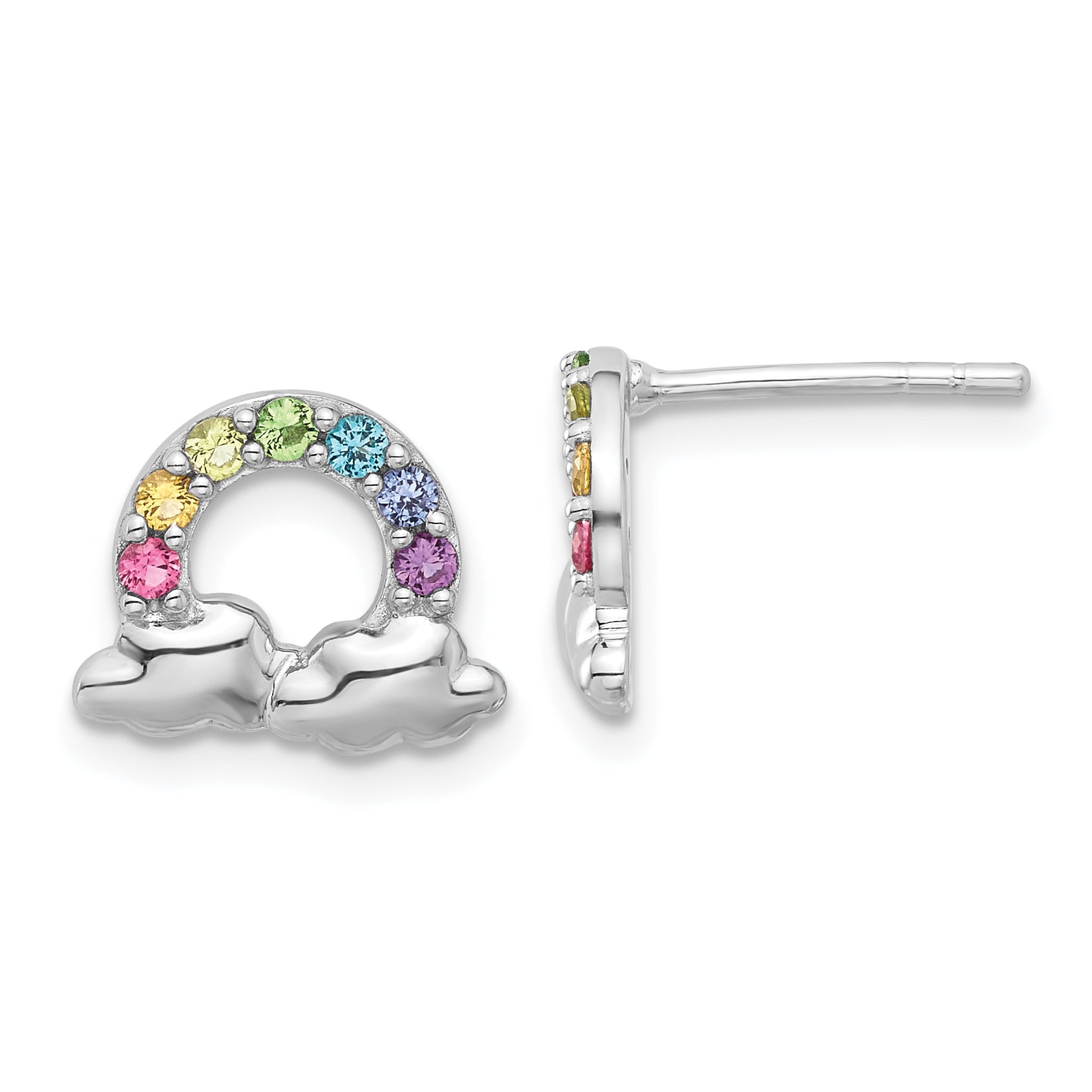 Sterling Silver Rhodium-plated Polished Crystal Rainbow & Clouds Children's Post Earrings Main image