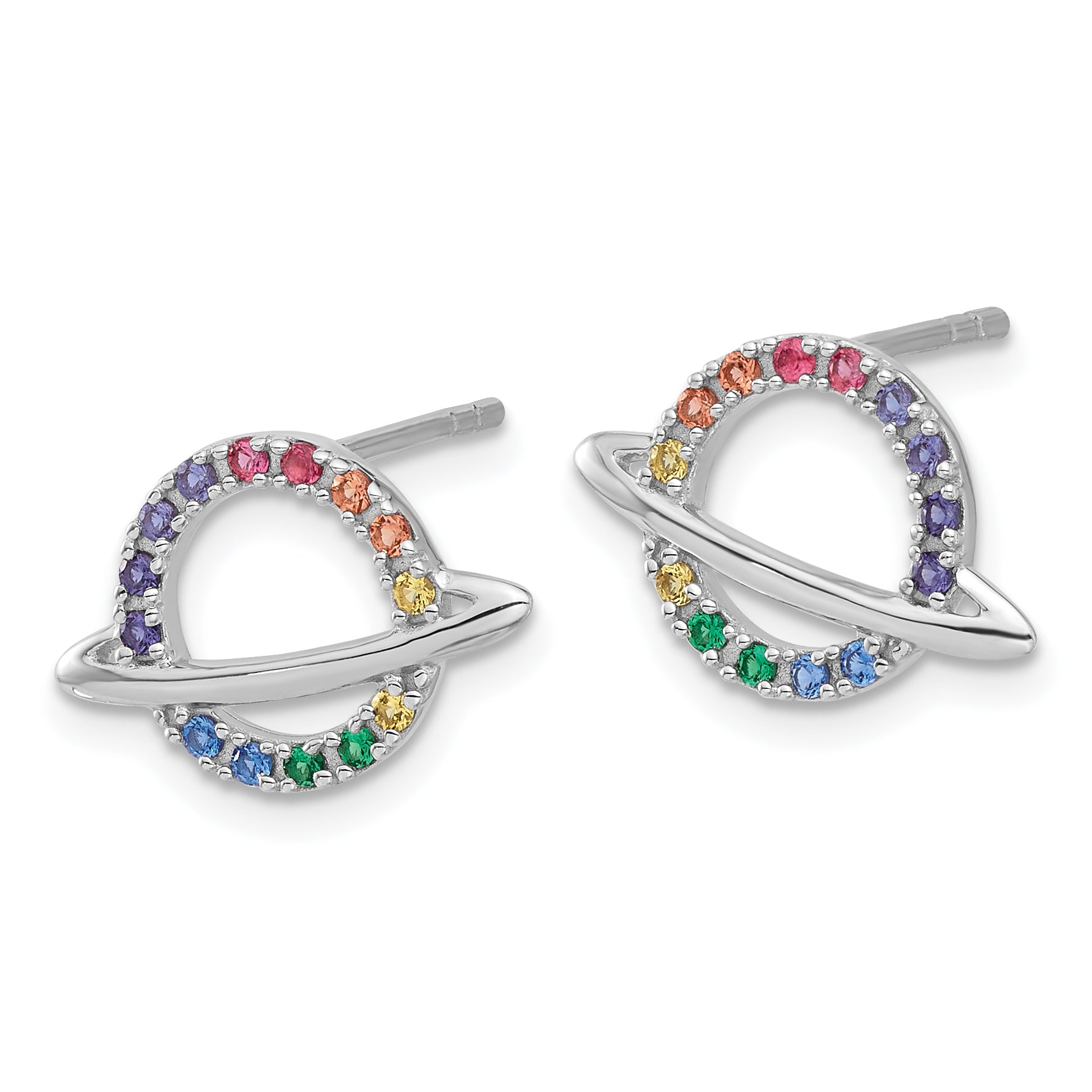 Sterling Silver RH-plated Multicolor Crystal Planet Children's Post Earring Secondary image