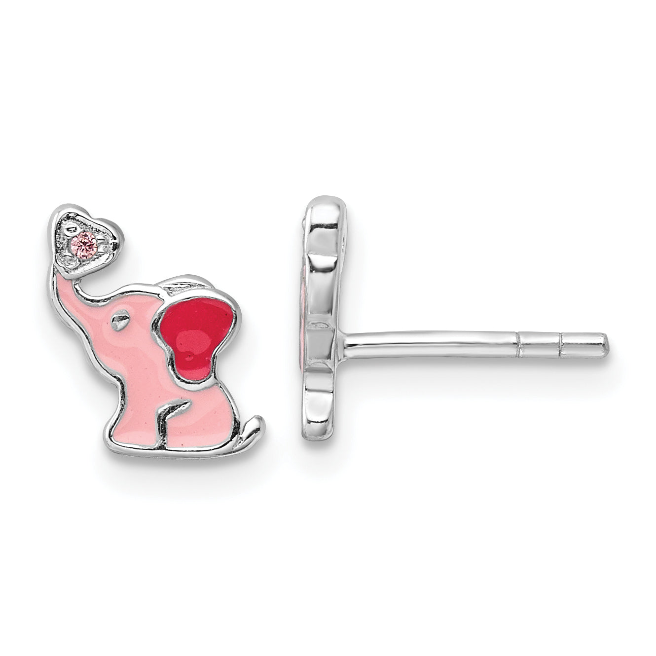 Sterling Silver RH-pltd Pink Enamel & CZ Elephant Children's Post Earrings Main image