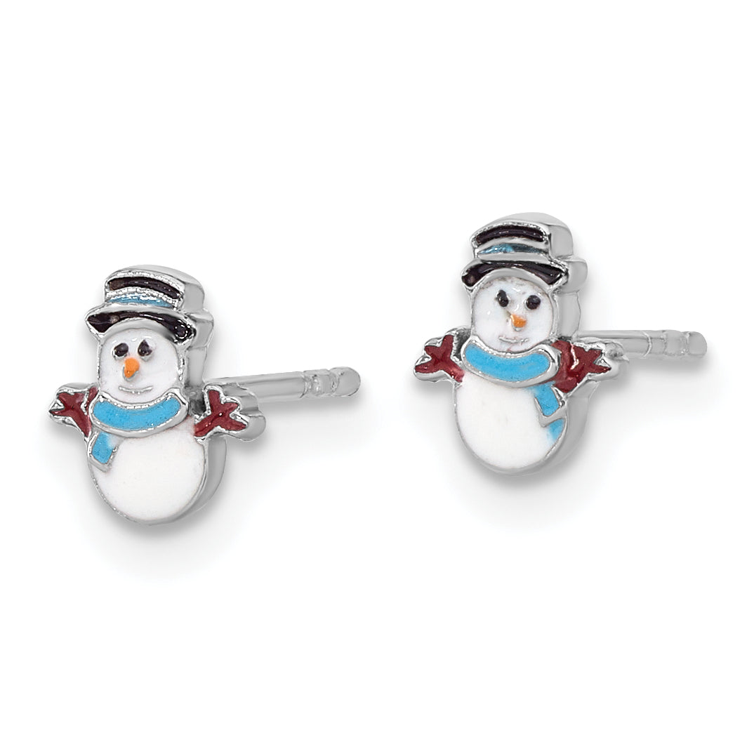 Sterling Silver Rhodium-plated Enamel Snowman Children's Post Earrings Secondary image