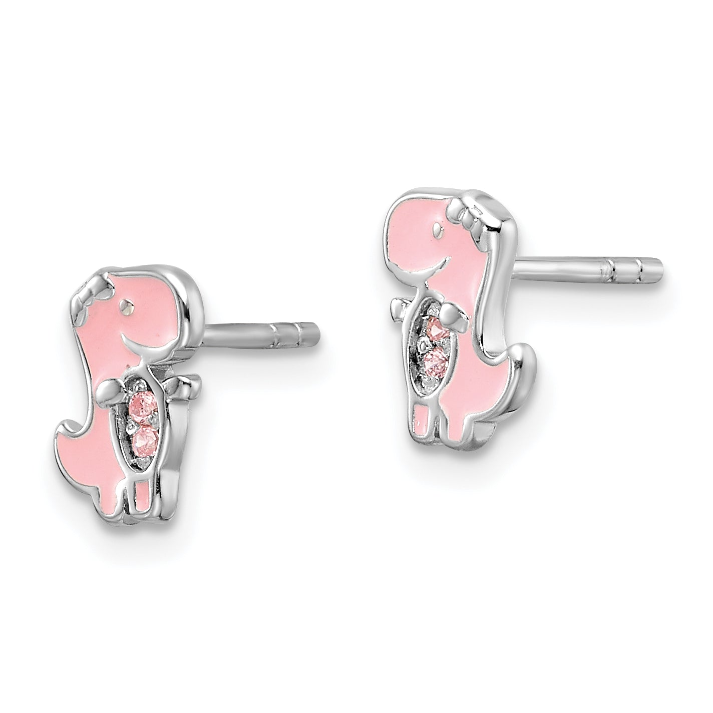 Sterling Silver RH-pltd Pink CZ & Enamel Dinosaur Children's Post Earrings Secondary image