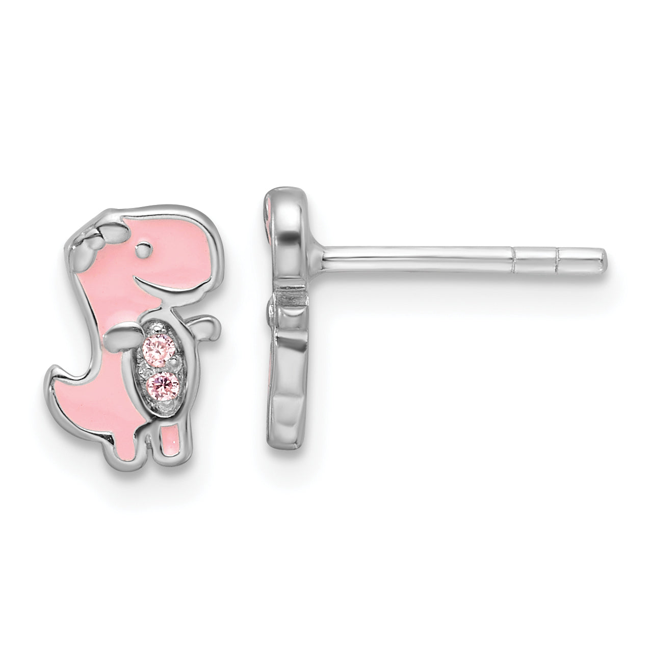 Sterling Silver RH-pltd Pink CZ & Enamel Dinosaur Children's Post Earrings Main image