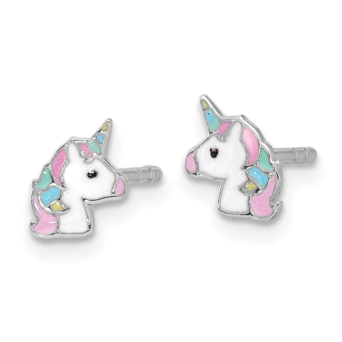 Sterling Silver Rhodium-plated Enameled Unicorn Children's Post Earrings Secondary image