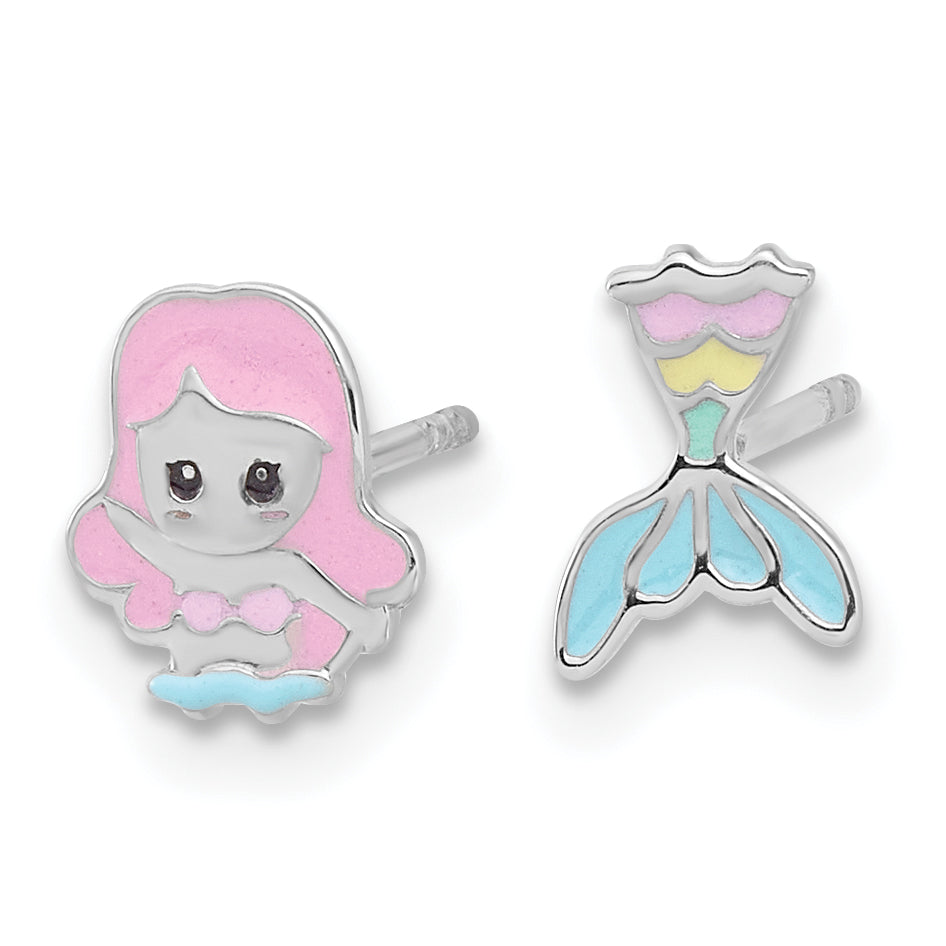 Sterling Silver RH-pltd Multicolor Enamel Mermaid Children's Post Earrings Secondary image