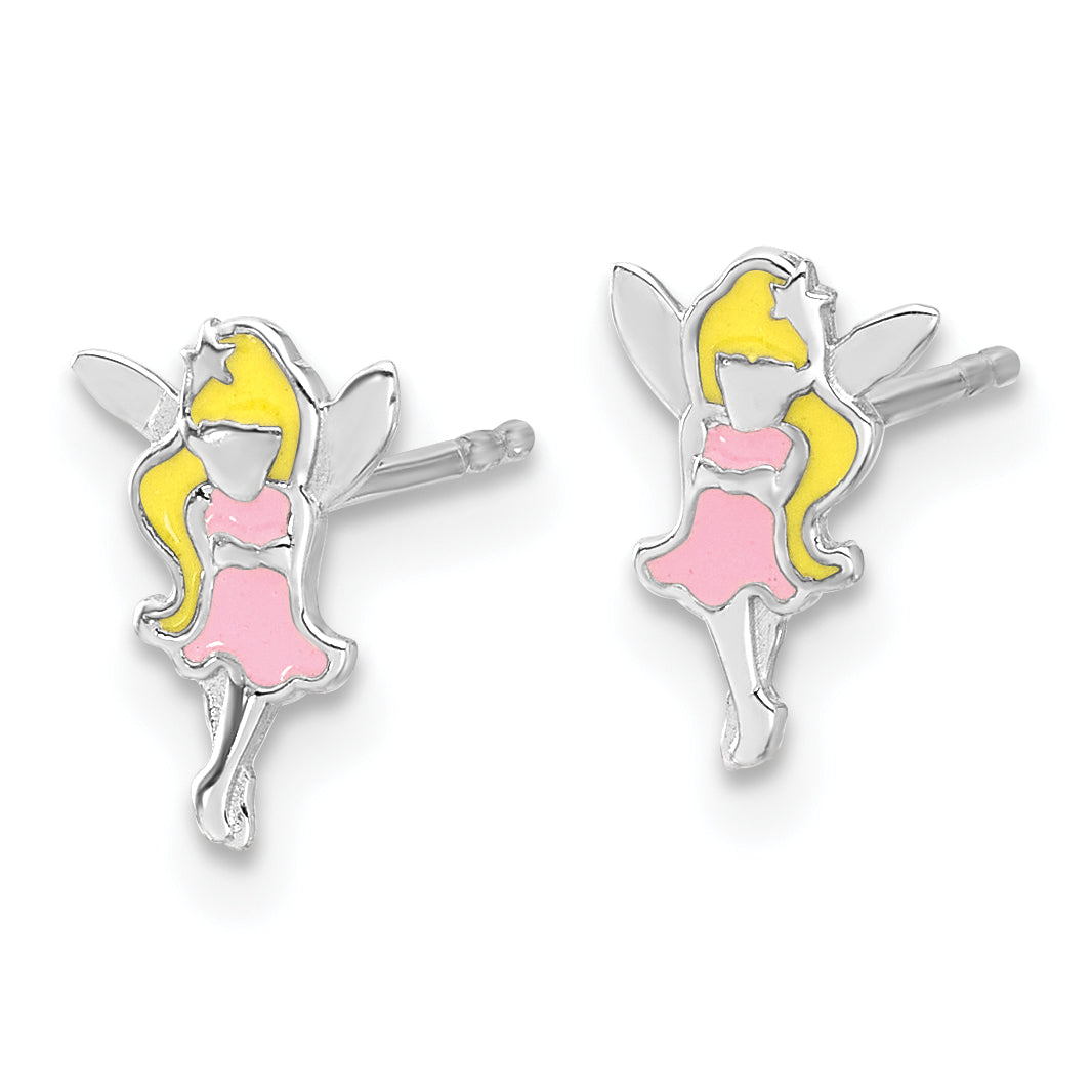 Sterling Silver RH-plated Multi-color Enamel Fairy Children's Post Earrings Secondary image