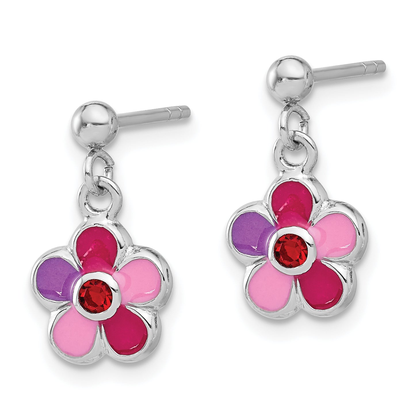 Sterling Silver Rhodium-plated Polished & Multi-color Enameled Red Crystal Flower Children's Post Dangle Earrings Secondary image