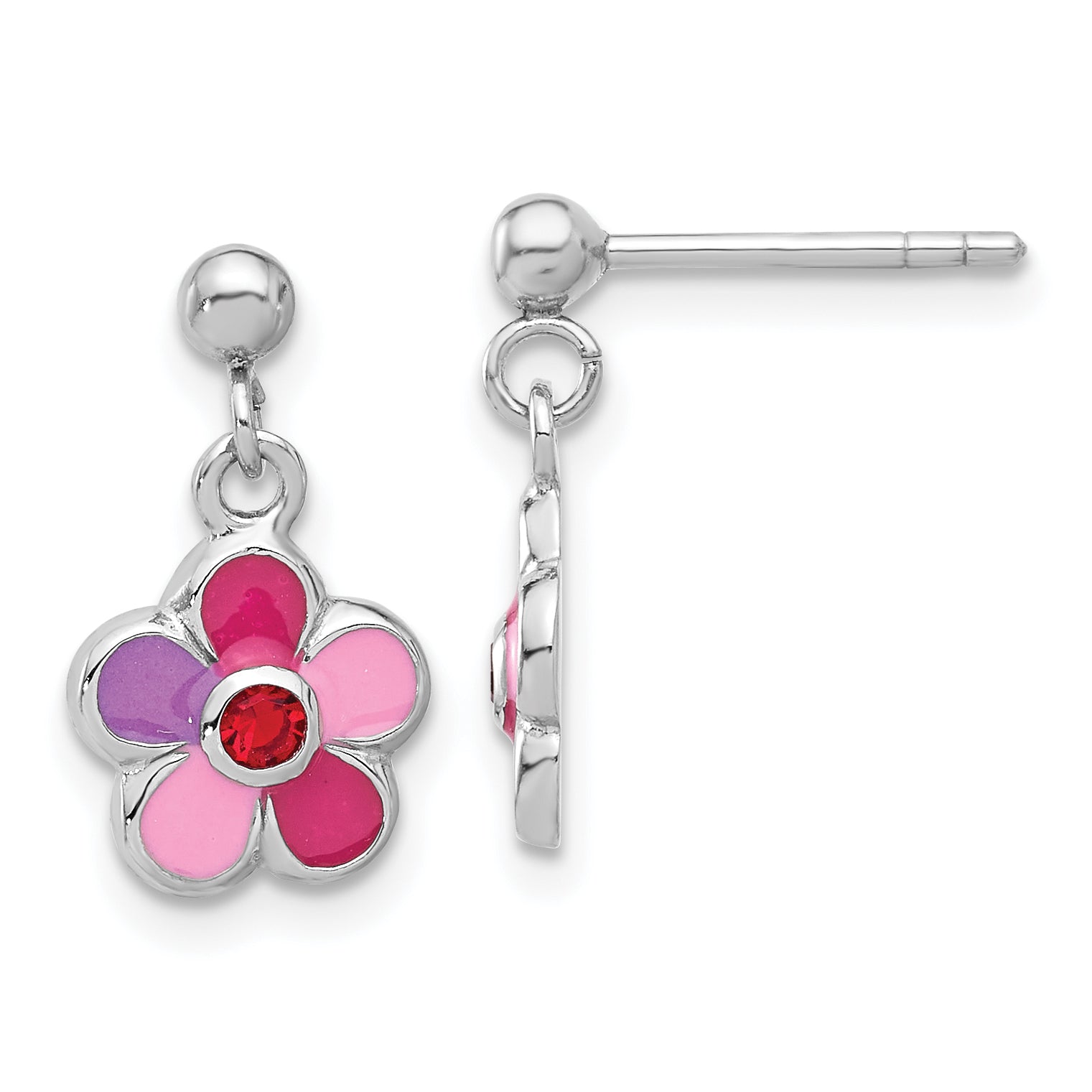 Sterling Silver Rhodium-plated Polished & Multi-color Enameled Red Crystal Flower Children's Post Dangle Earrings Main image