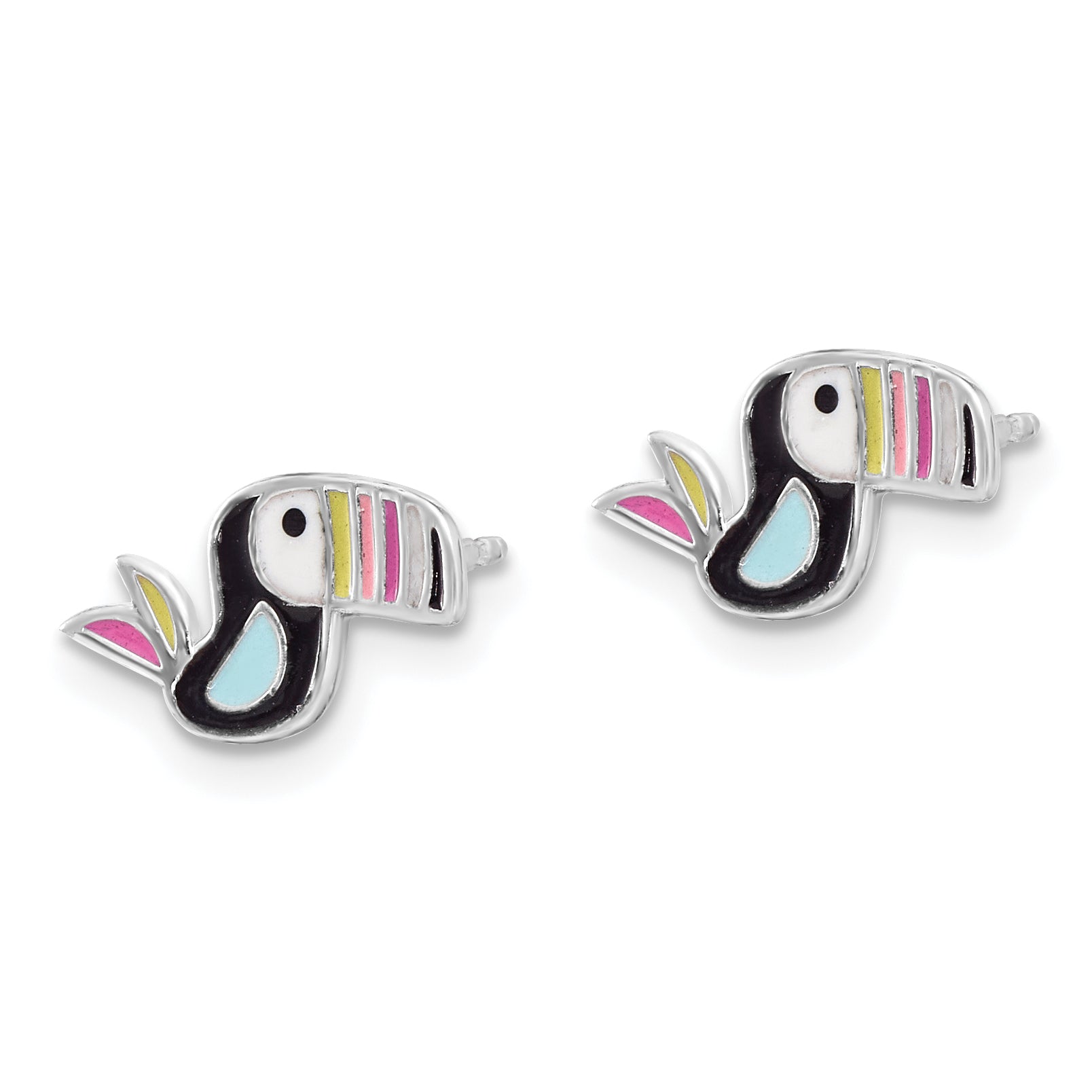 Sterling Silver Rhodium-plated Polished Multi-color Enameled Toucan Bird Children's Post Earrings Secondary image