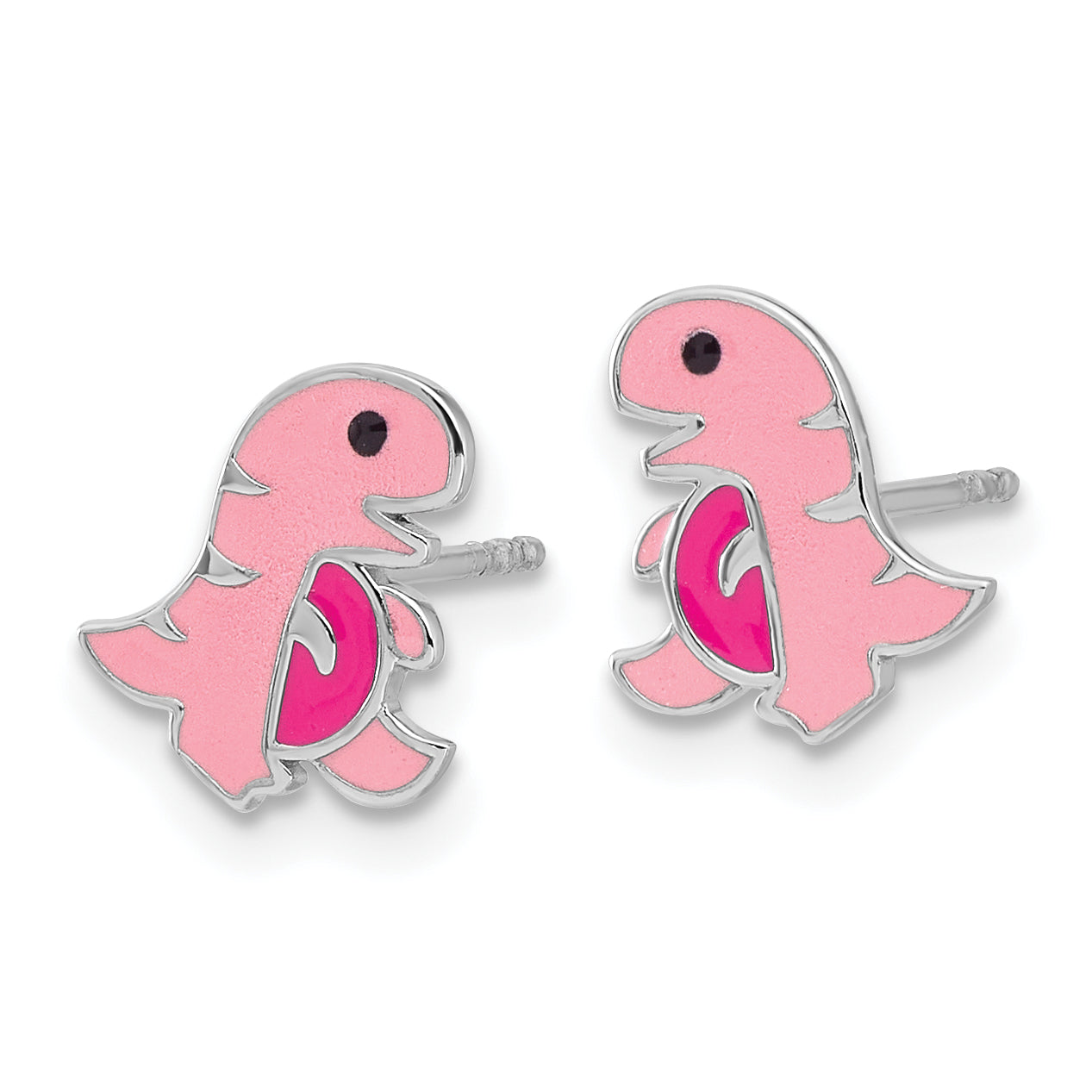 Sterling Silver Rhodium-plated Polished Pink Enamel Dinosaur Children's Post Earrings Secondary image