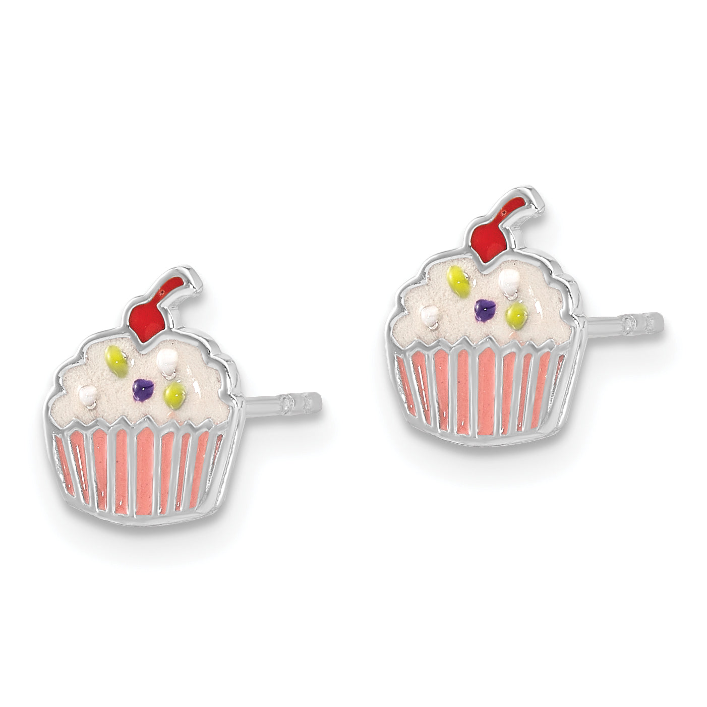 Sterling Silver Rhodium-plated Polished Multi-color Enamel Cupcake Children's Post Earrings Secondary image
