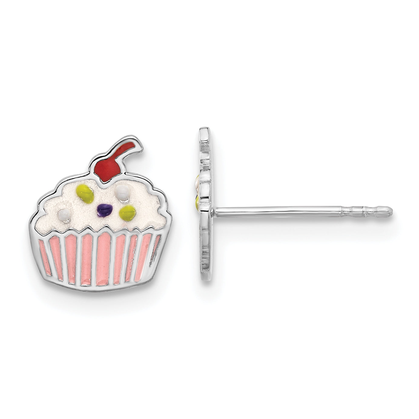 Sterling Silver Rhodium-plated Polished Multi-color Enamel Cupcake Children's Post Earrings Main image