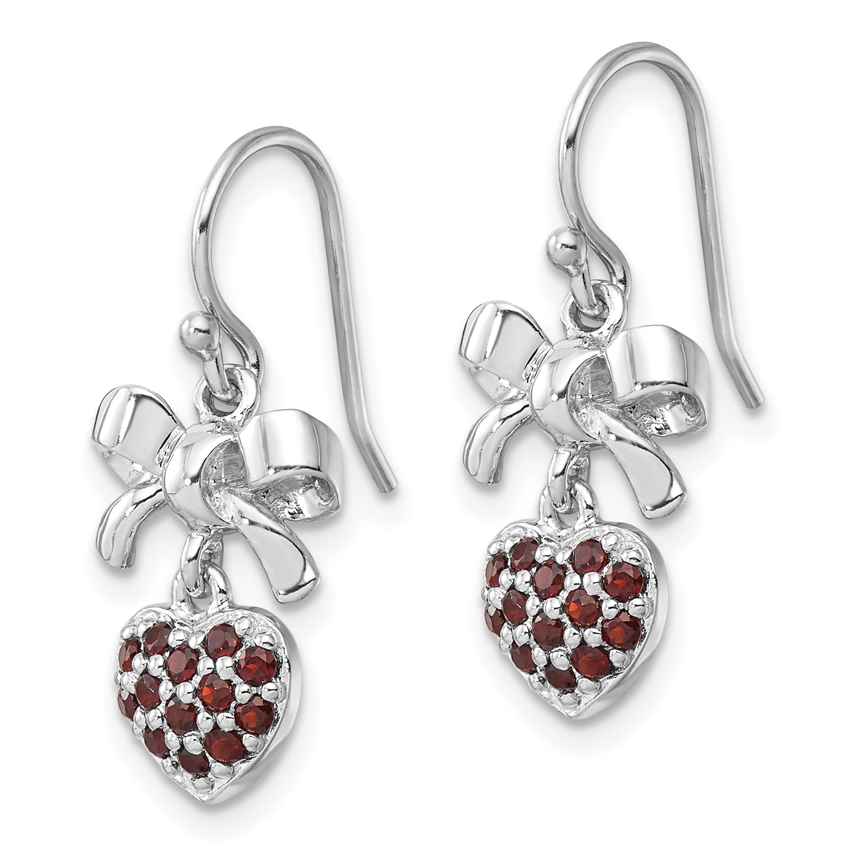 Sterling Silver Rh-plated Polish Garnet Heart/Bow Shepherd Hook Earrings Secondary image