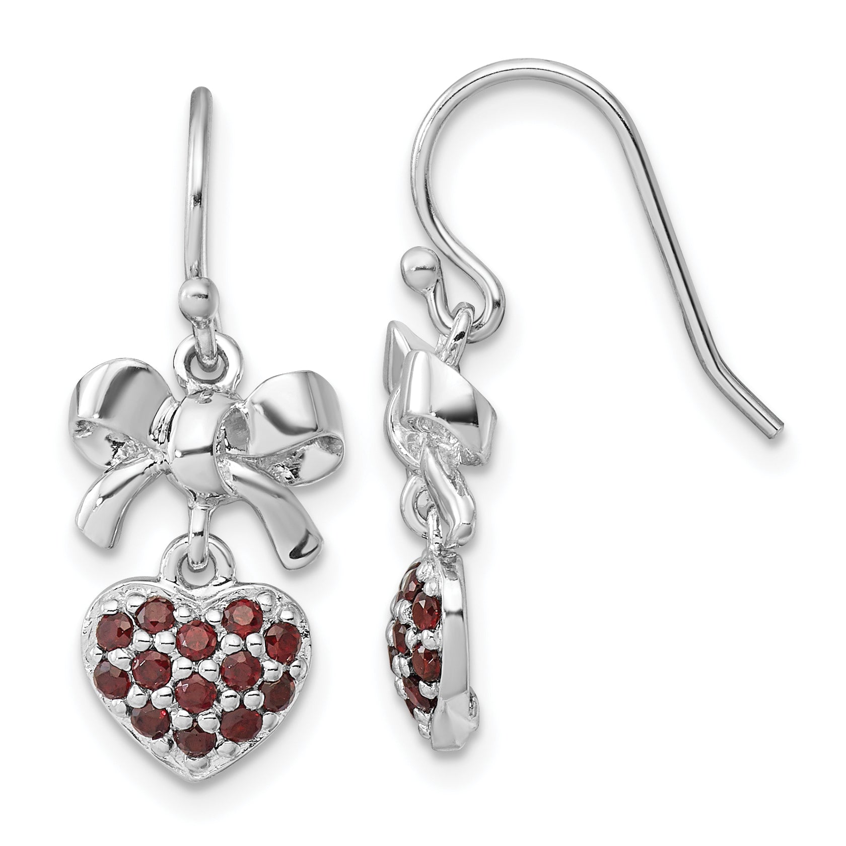 Sterling Silver Rh-plated Polish Garnet Heart/Bow Shepherd Hook Earrings Main image