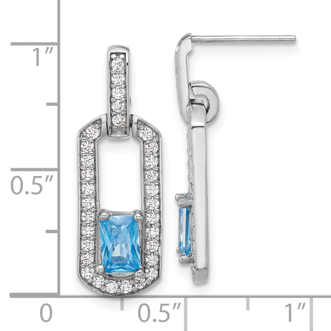 Sterling Silver Rh-plated Polished Blue Topaz and CZ Post Dangle Earrings