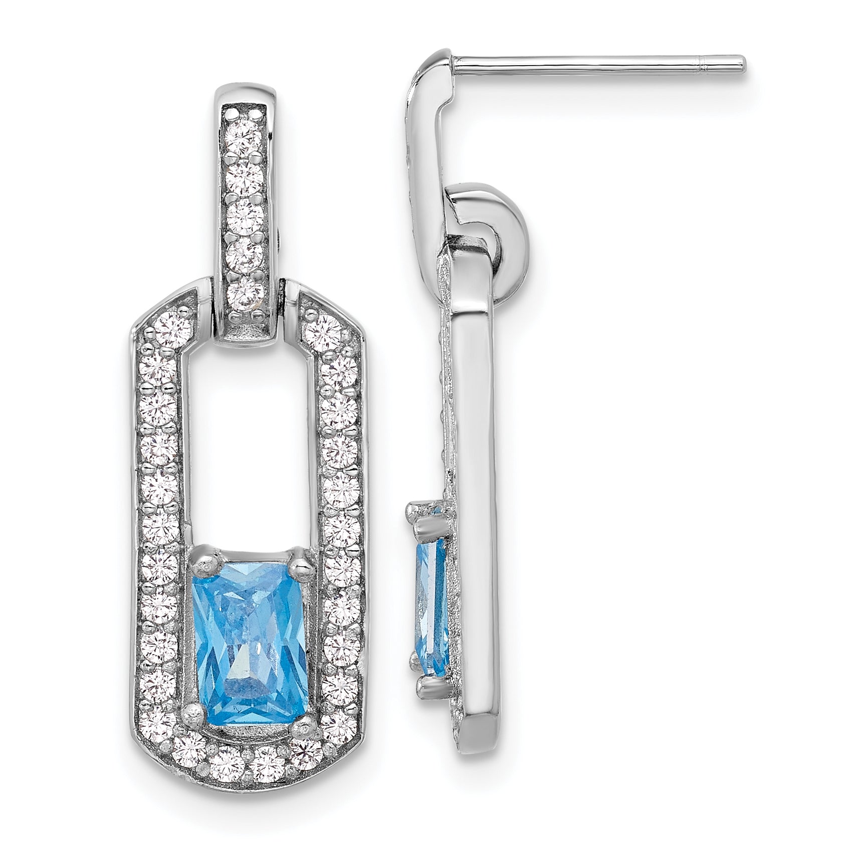 Sterling Silver Rh-plated Polished Blue Topaz and CZ Post Dangle Earrings Main image