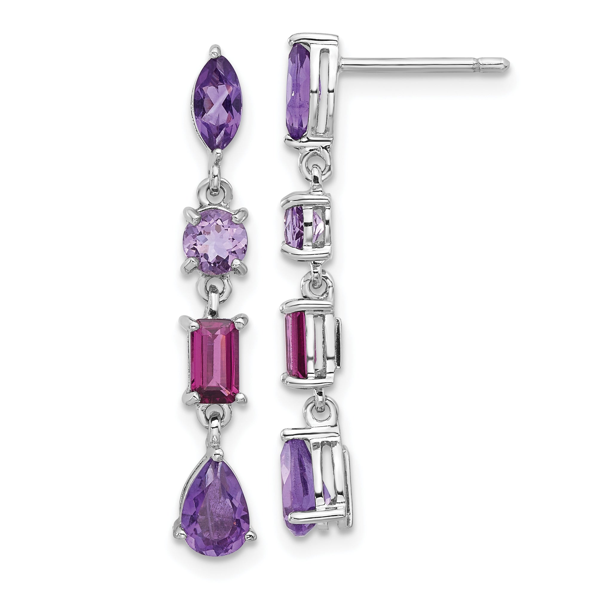 Sterling Silver RH-plated Amethyst Rhodolite Pink Quartz Dangle Earrings