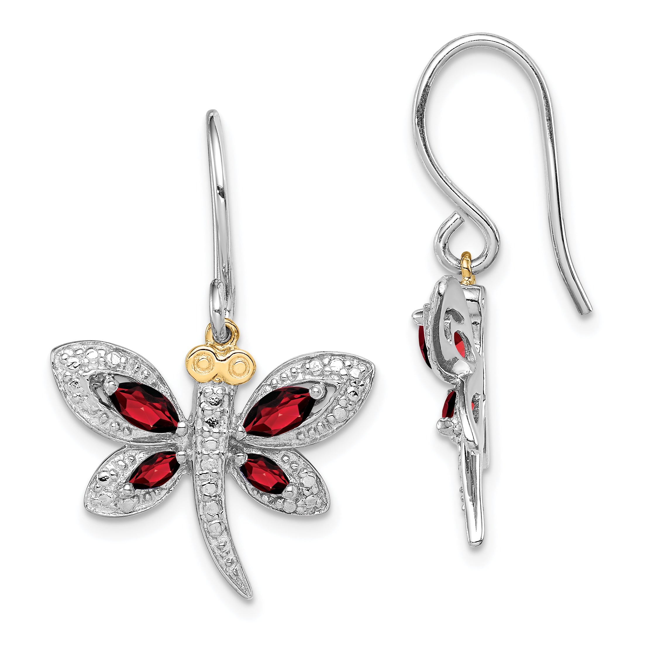 Sterling Silver/14k RH-plated Garnet/Diamond Dragonfly Earrings Main image