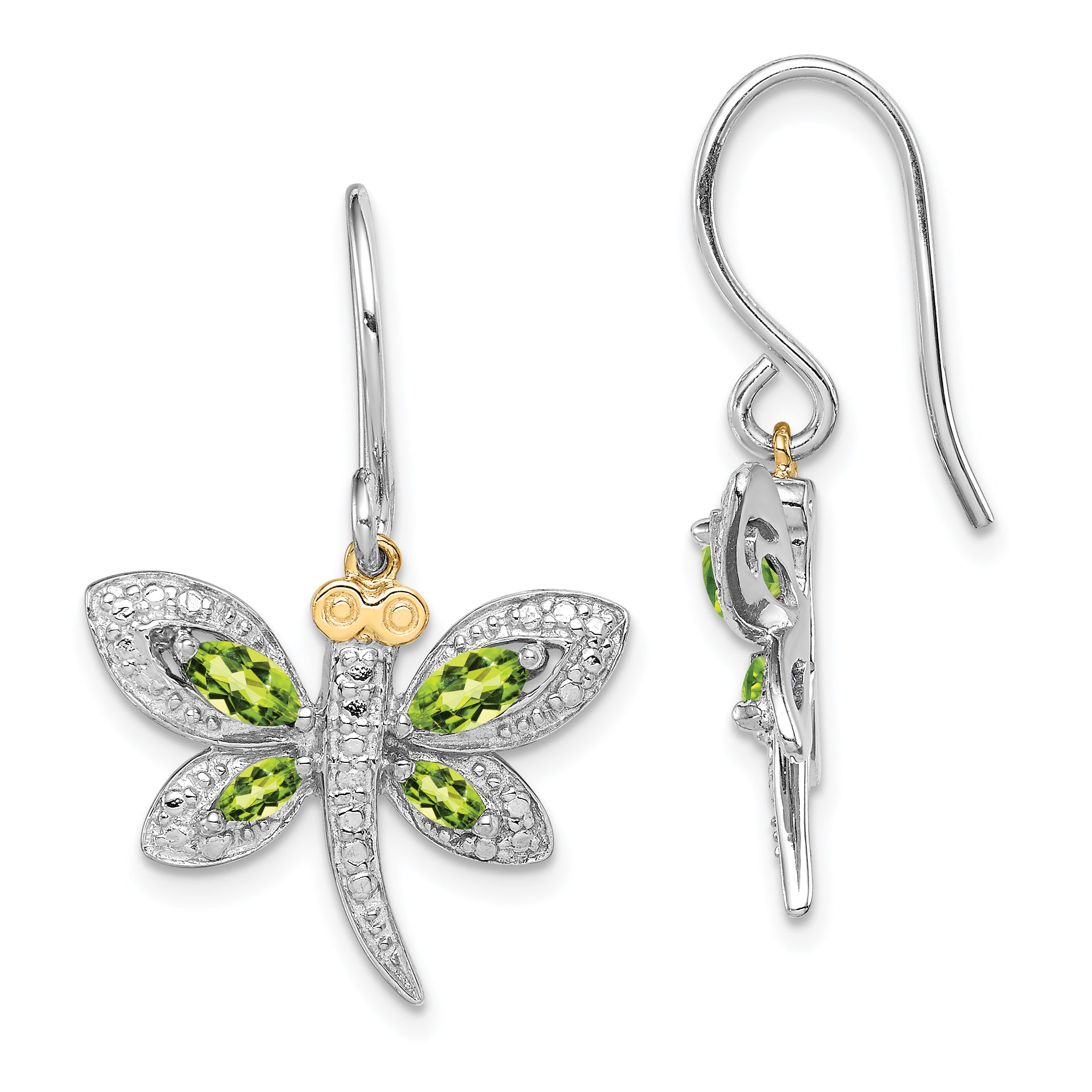 Sterling Silver/14k RH-plated Peridot/Diamond Dragonfly Earrings Main image