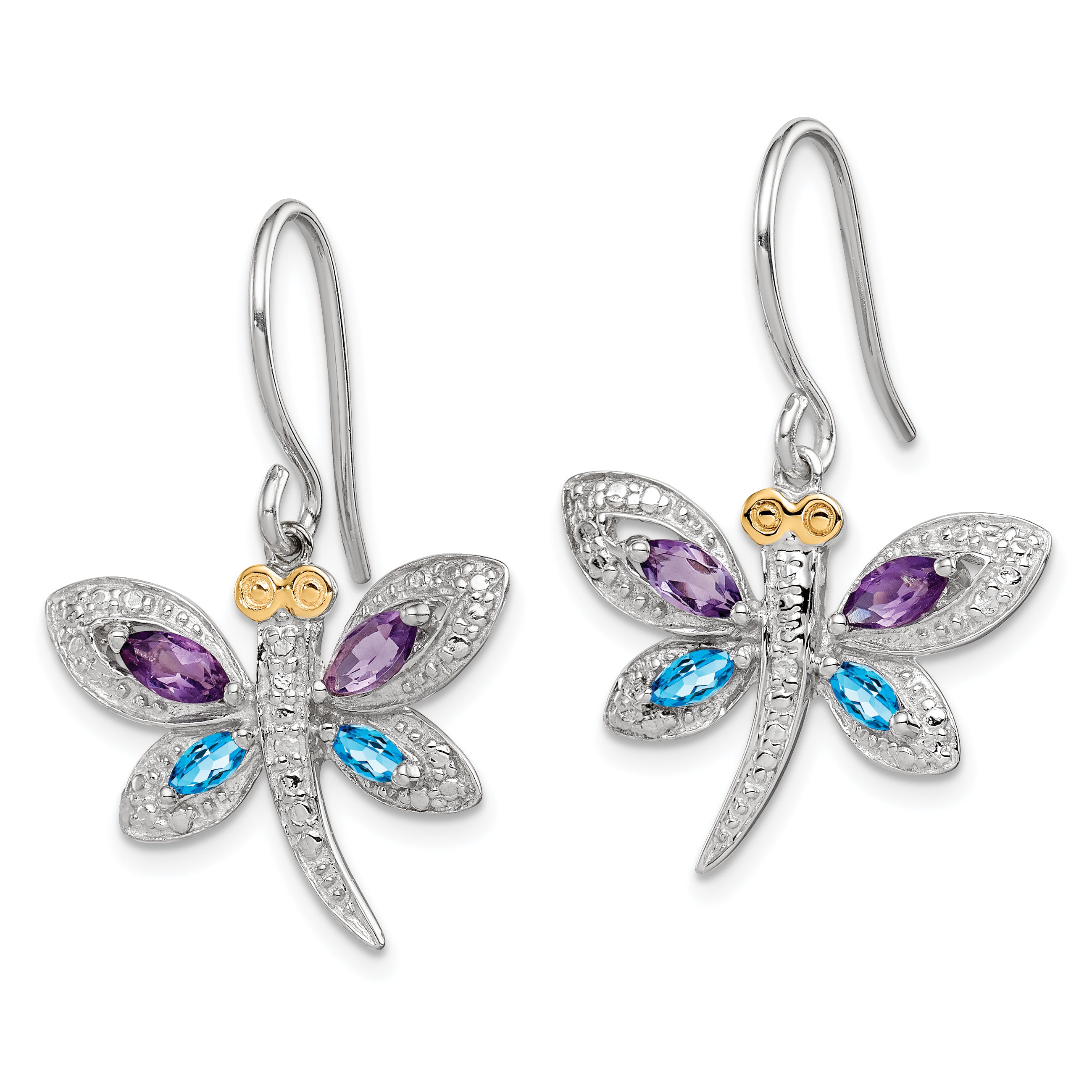 Sterling Silver/14k RH-plated Amethyst/Bl Topaz/Diamond Dragonfly Earrings Secondary image