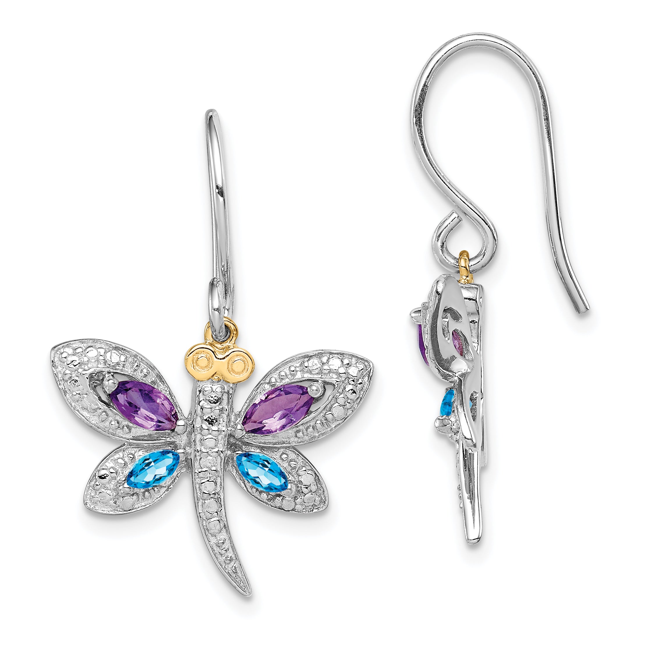 Sterling Silver/14k RH-plated Amethyst/Bl Topaz/Diamond Dragonfly Earrings Main image
