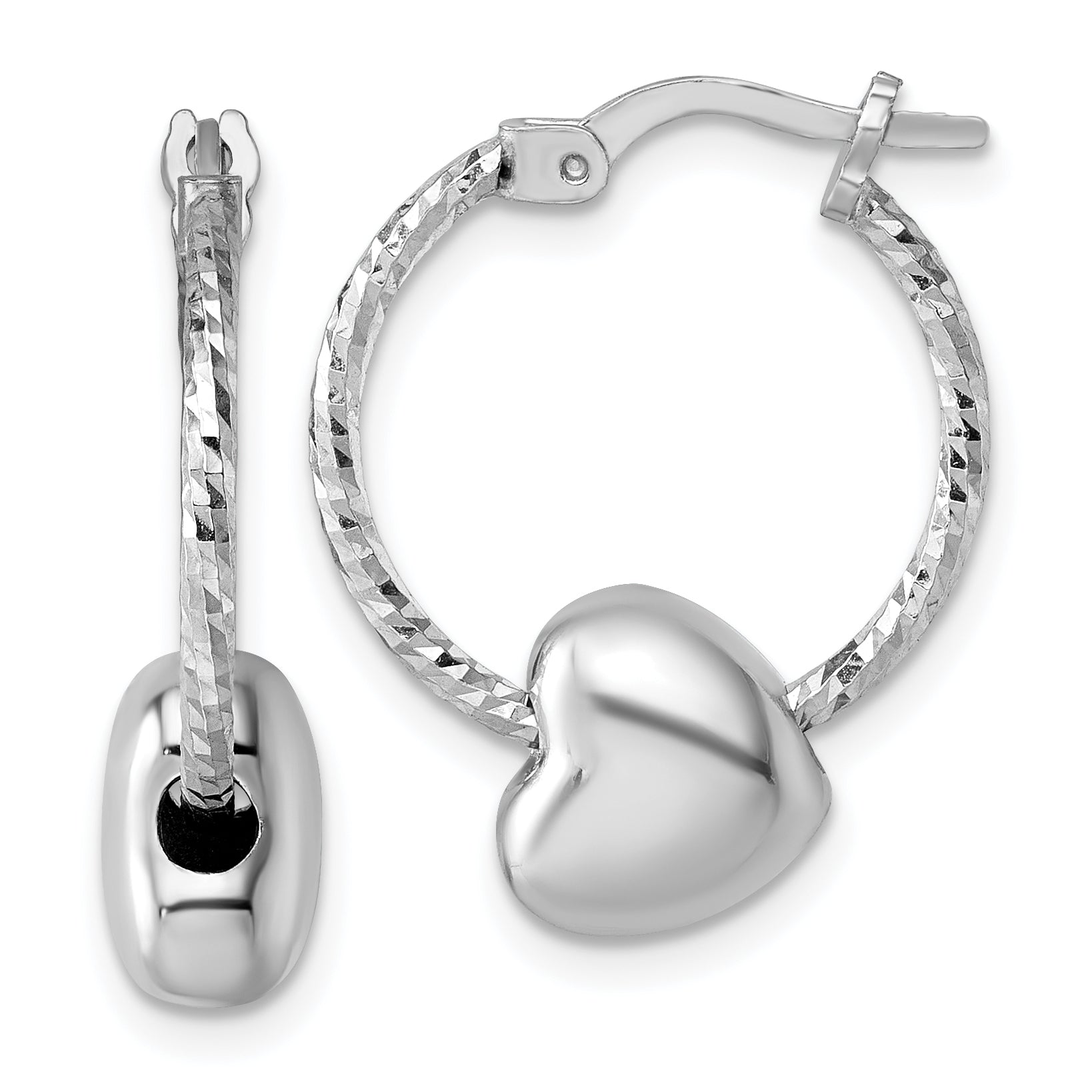Sterling Silver Rhodium-plated Twisted Diamond-cut with Puffed Heart Bead Hoop Earrings Main image